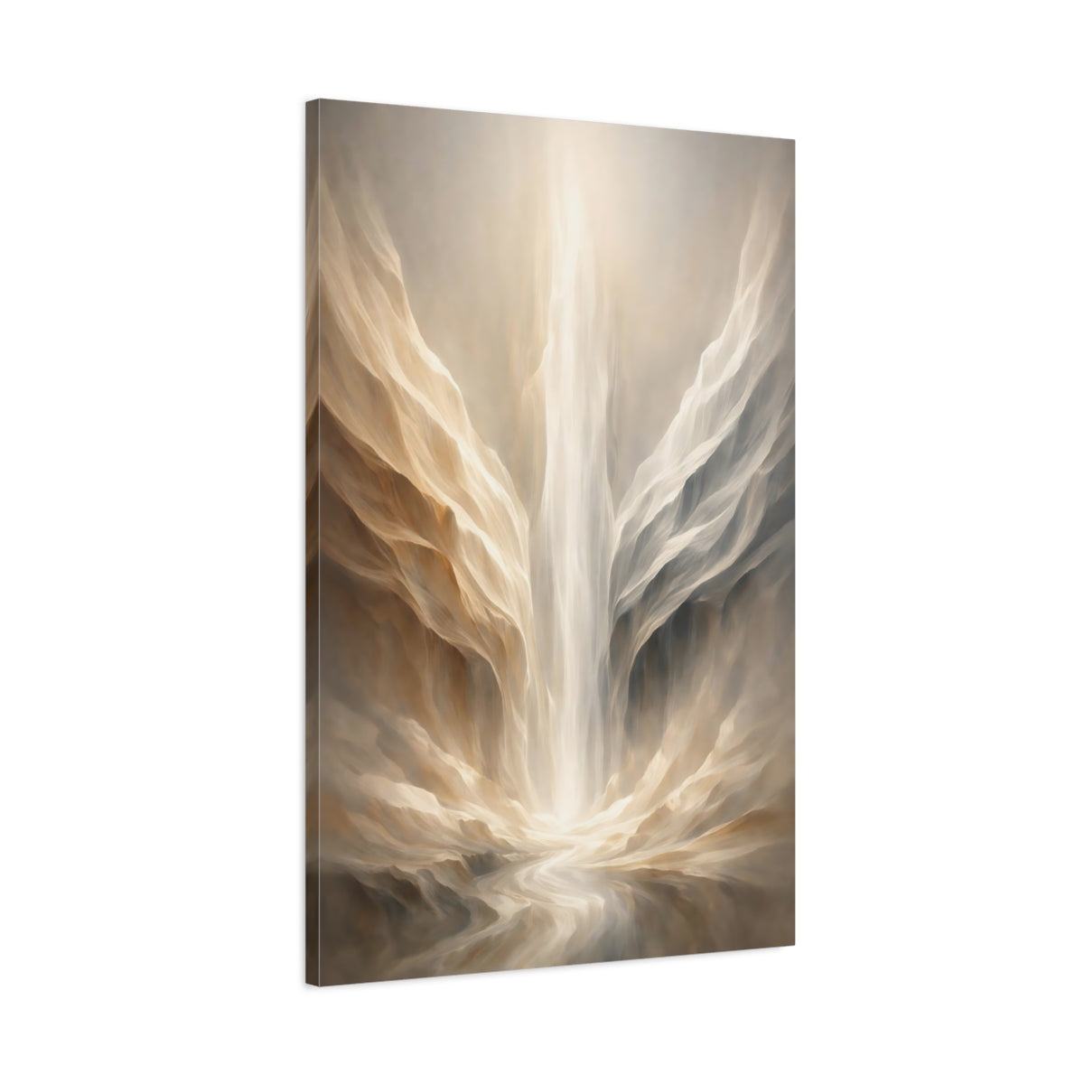 Side Mockup 1. Abstract Ethereal Canyon Beige And Gold shown as stretched canvas wall art