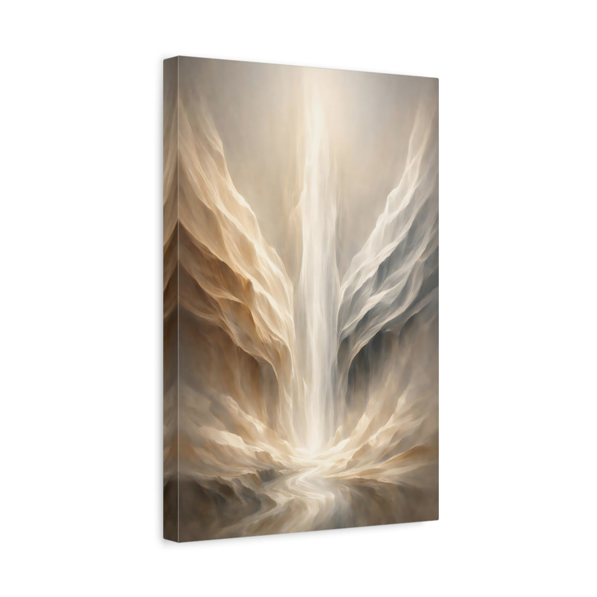 Side Mockup 4. Abstract Ethereal Canyon Beige And Gold shown as stretched canvas wall art
