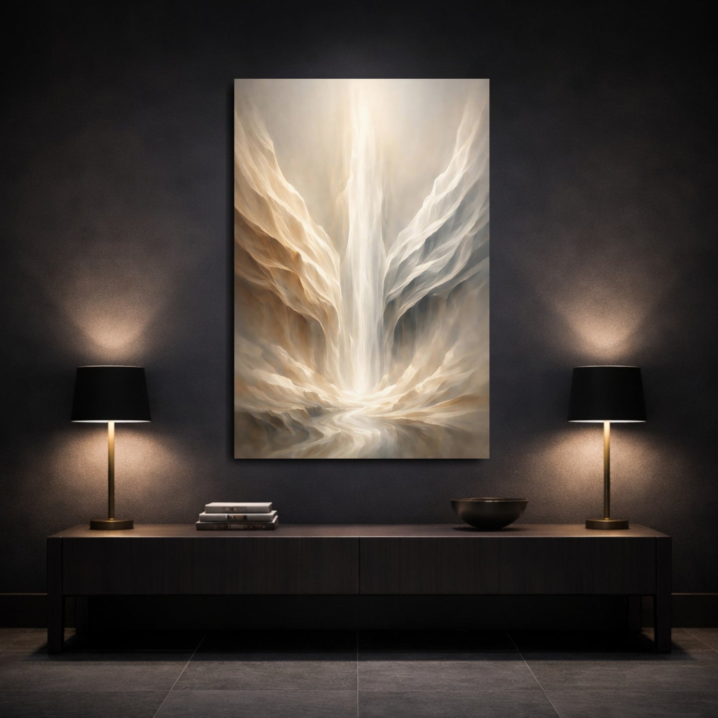 Mockup 2. Abstract Ethereal Canyon Beige And Gold shown as stretched canvas wall art