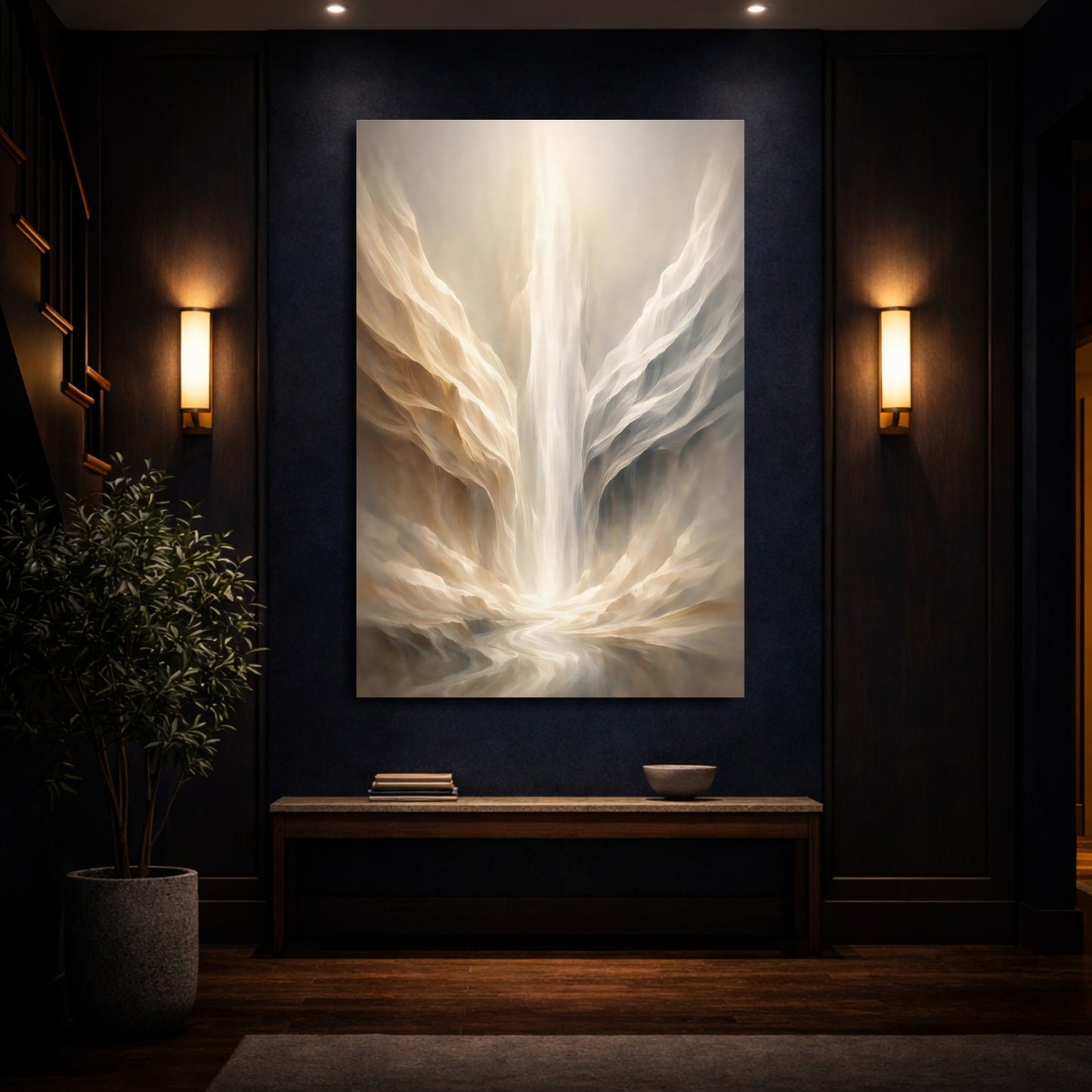 Mockup 3. Abstract Ethereal Canyon Beige And Gold shown as stretched canvas wall art