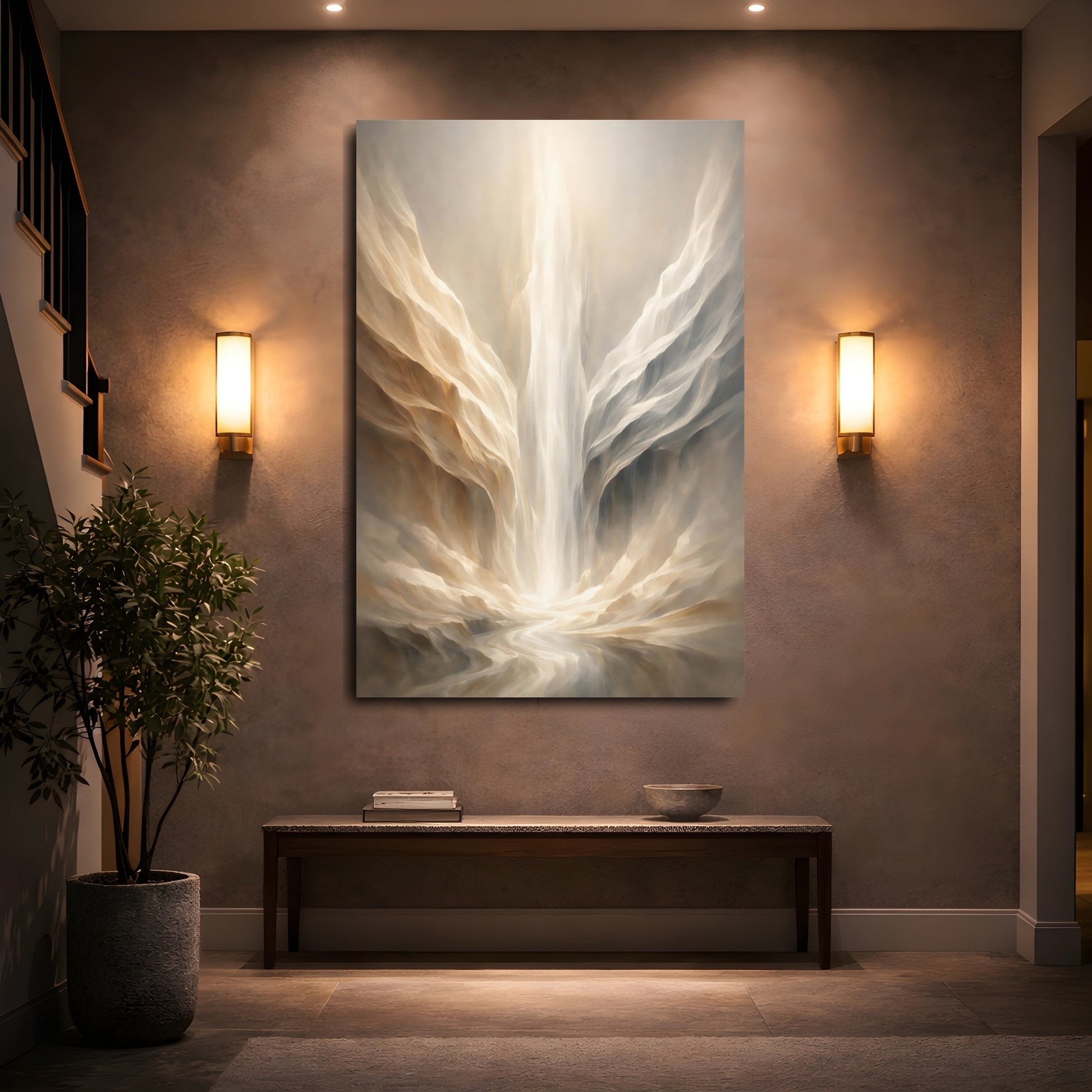 Mockup 4. Abstract Ethereal Canyon Beige And Gold shown as stretched canvas wall art