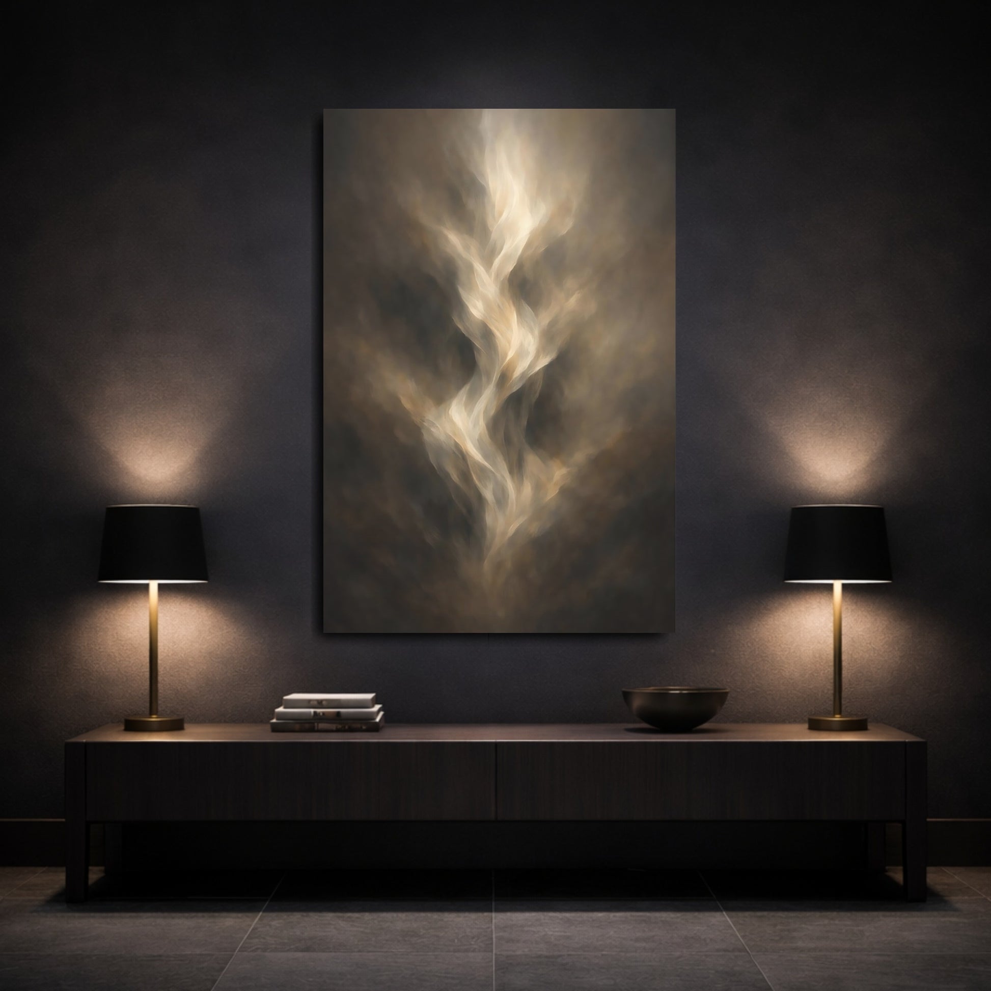 Mockup 2. Abstract Ethereal Energy Brown And Gold shown as stretched canvas wall art