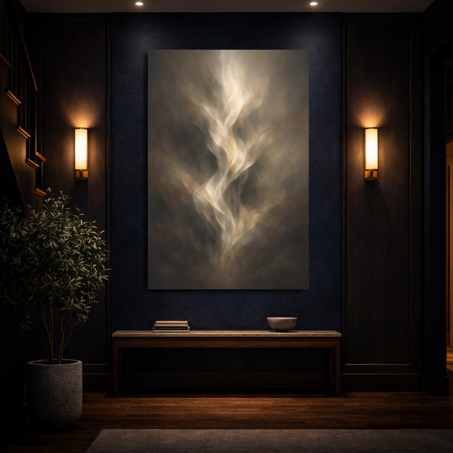 Mockup 3. Abstract Ethereal Energy Brown And Gold shown as stretched canvas wall art