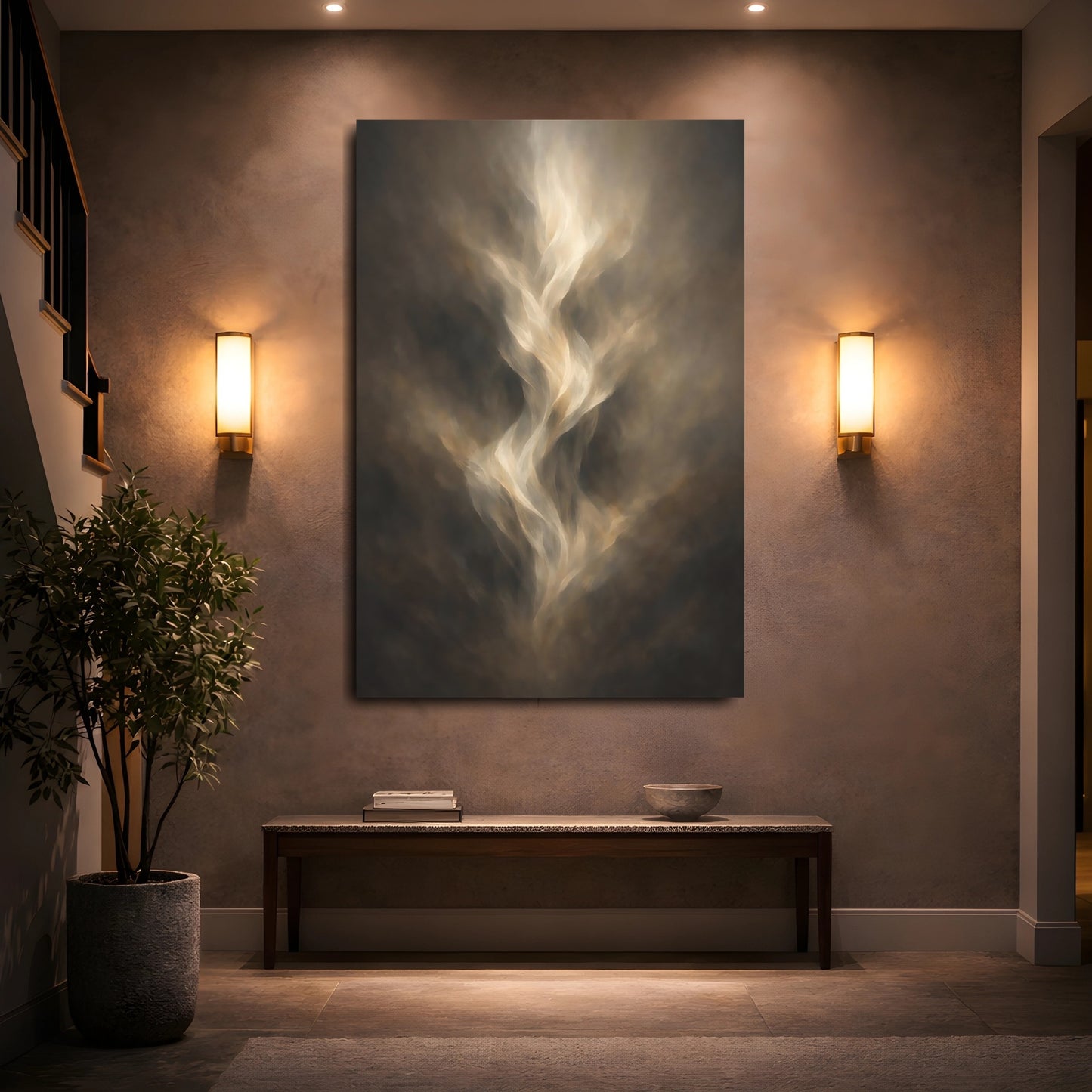 Mockup 4. Abstract Ethereal Energy Brown And Gold shown as stretched canvas wall art