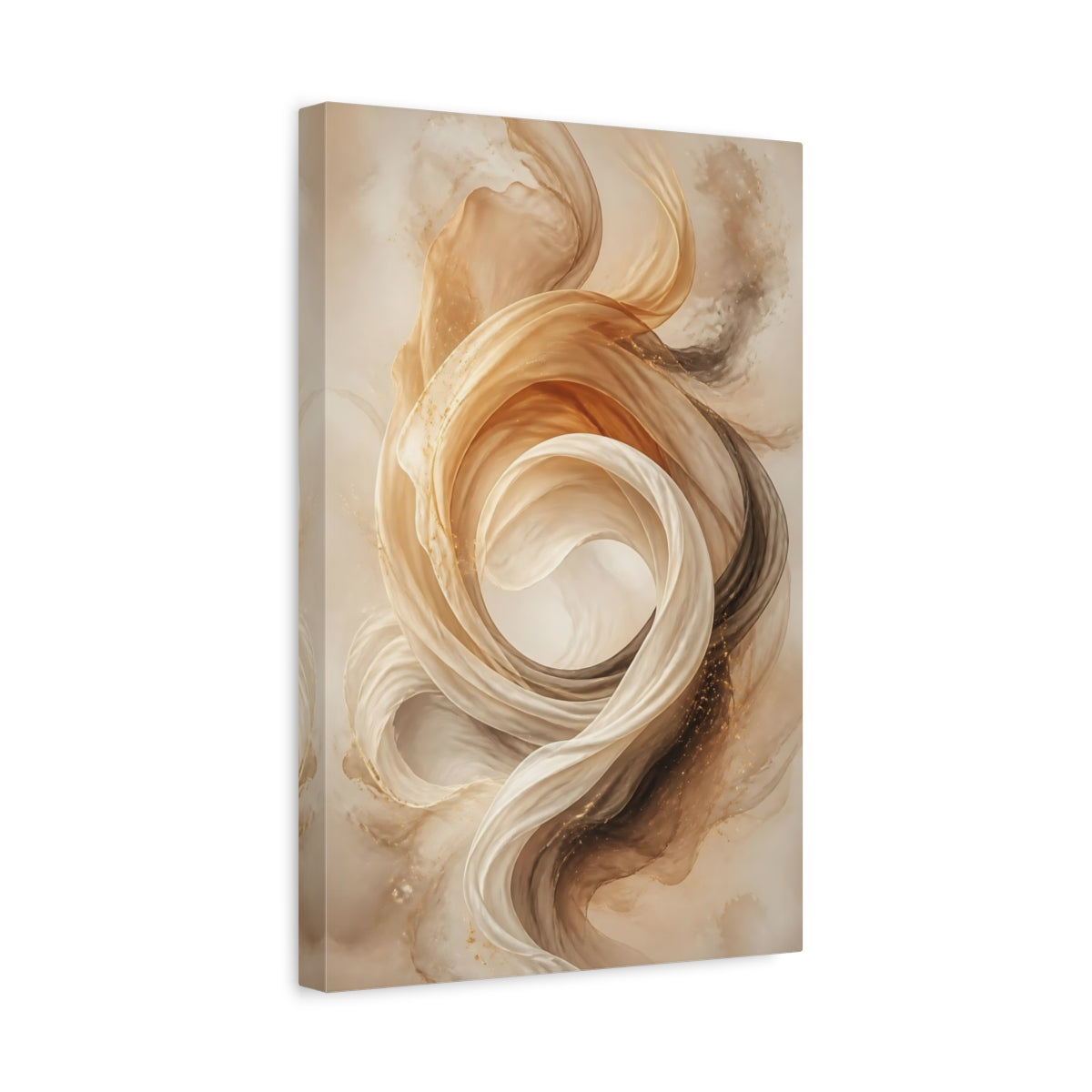 Side Mockup 4. Abstract Ethereal Fabric Gold And Beige shown as stretched canvas wall art