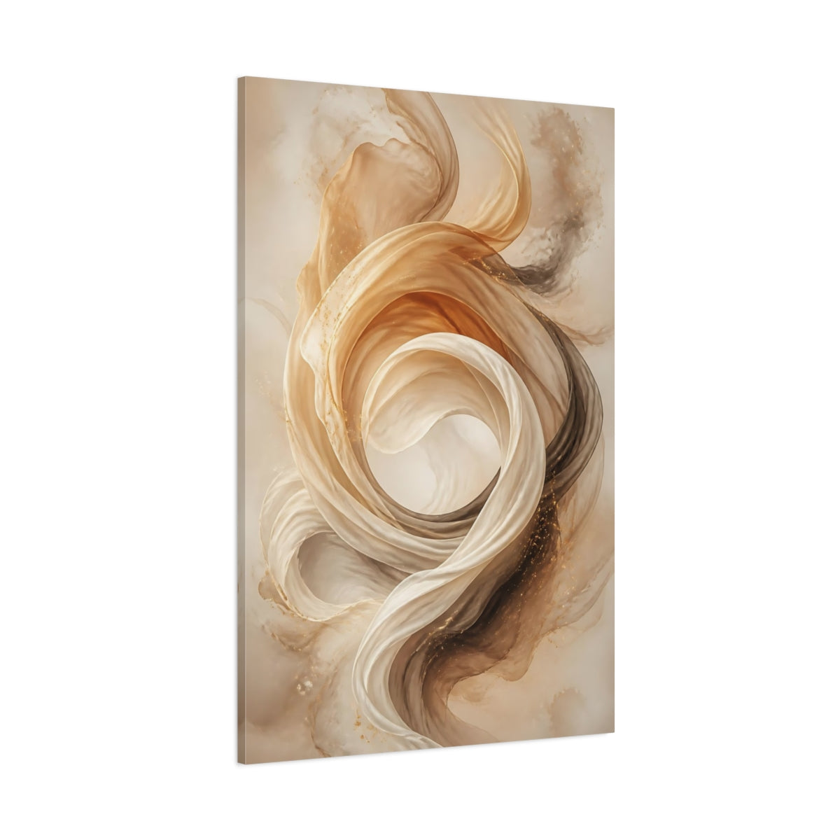 Side Mockup 1. Abstract Ethereal Fabric Gold And Beige shown as stretched canvas wall art