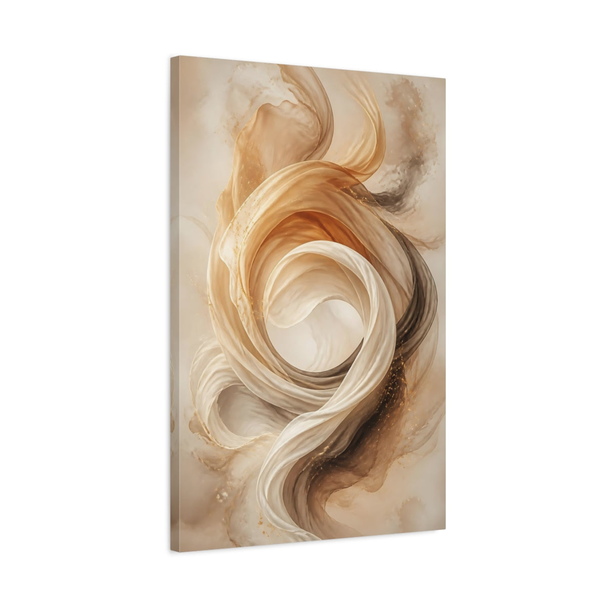 Side Mockup 2. Abstract Ethereal Fabric Gold And Beige shown as stretched canvas wall art