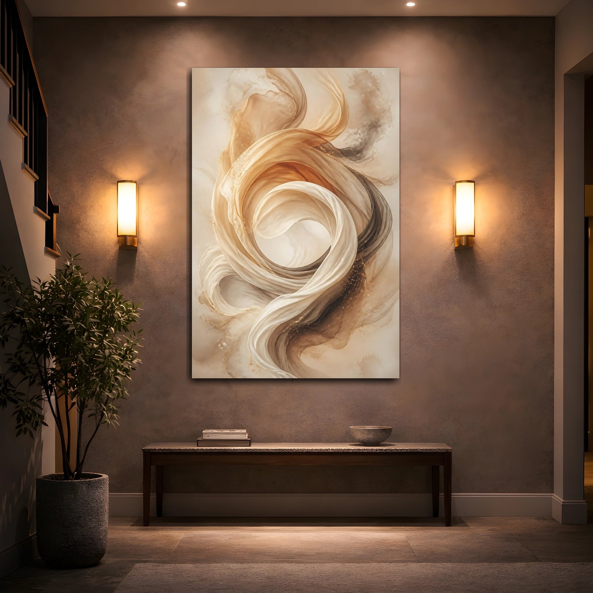 Mockup 2. Abstract Ethereal Fabric Gold And Beige shown as stretched canvas wall art