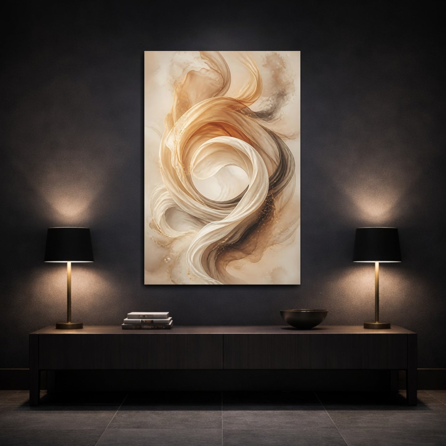 Mockup 3. Abstract Ethereal Fabric Gold And Beige shown as stretched canvas wall art