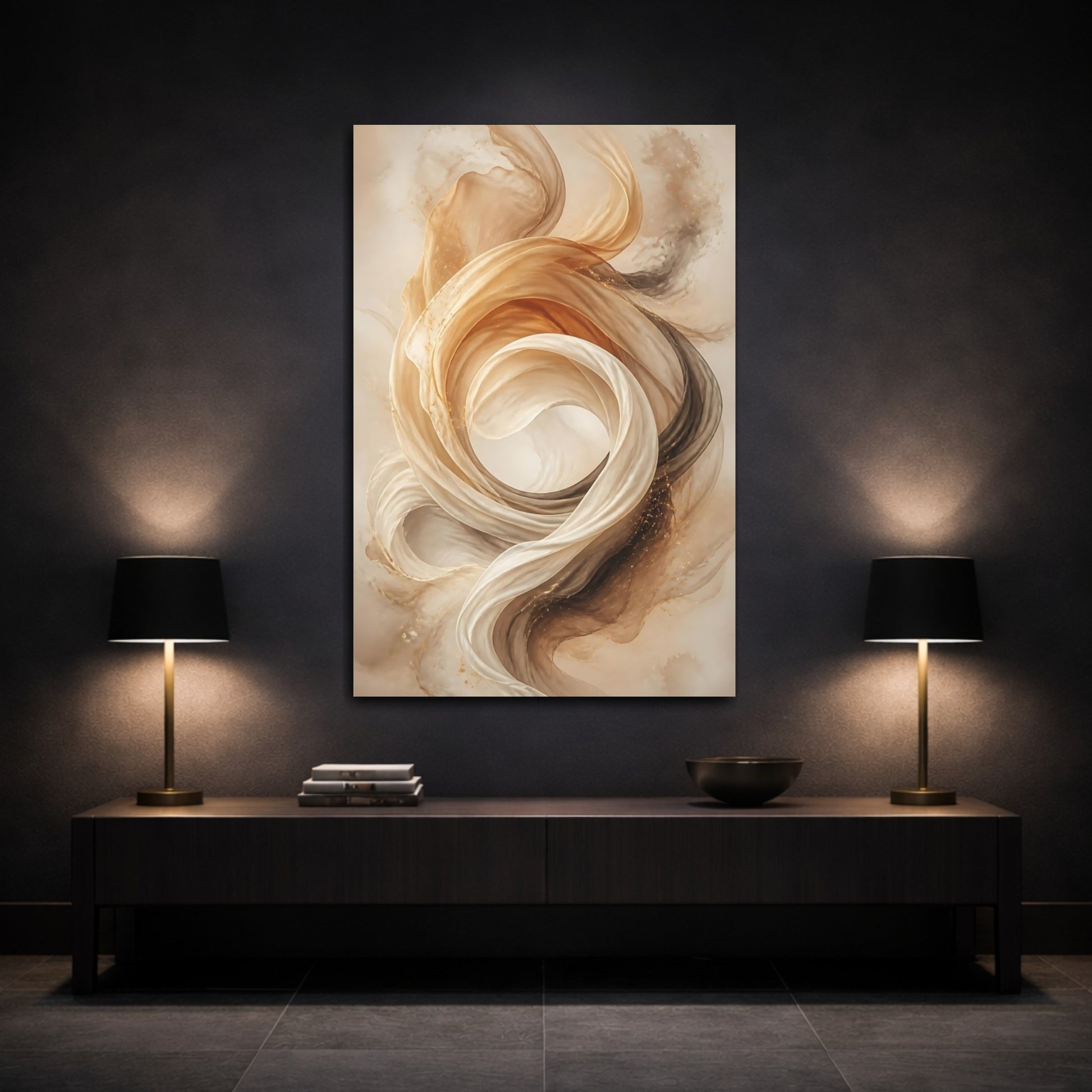 Mockup 3. Abstract Ethereal Fabric Gold And Beige shown as stretched canvas wall art