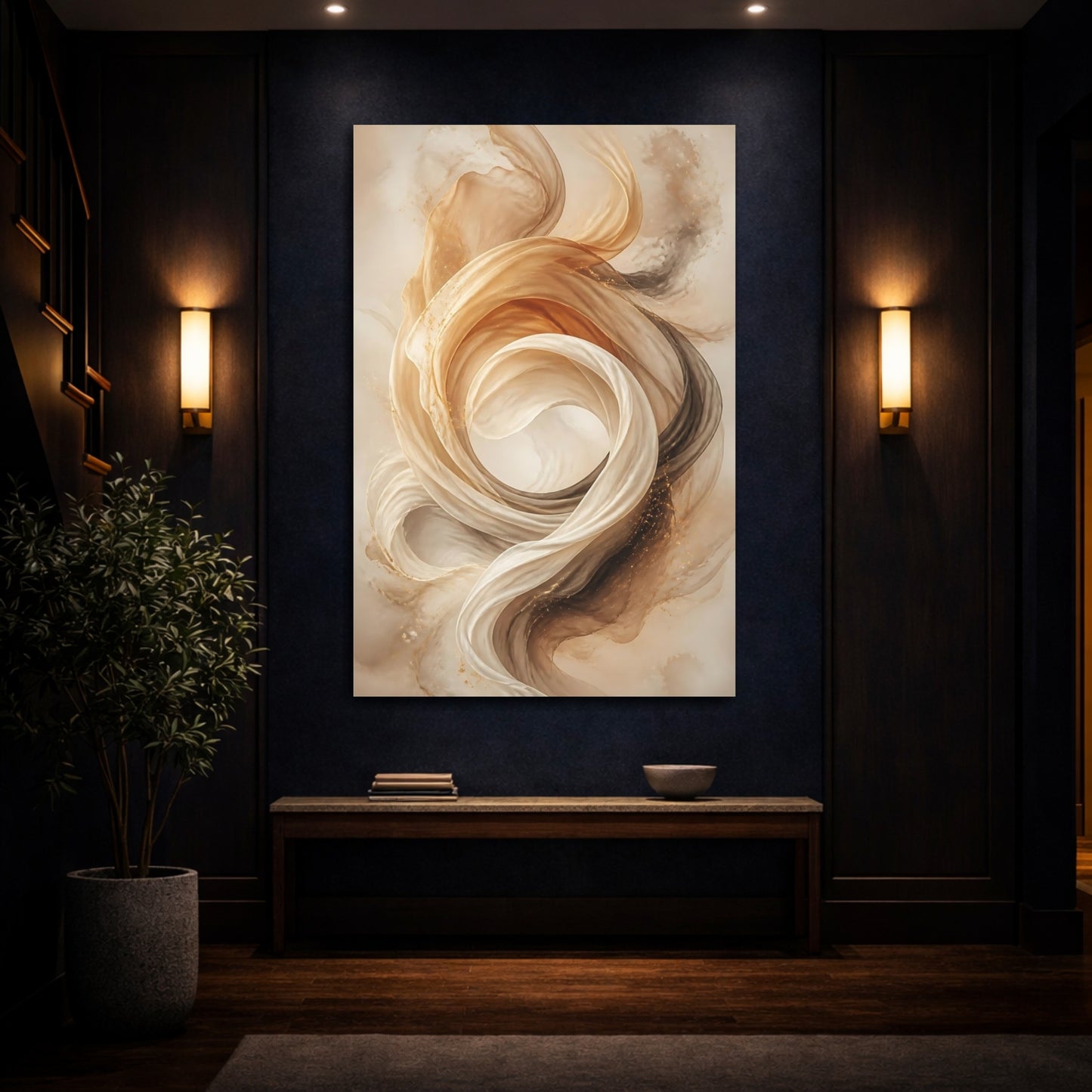 Mockup 4. Abstract Ethereal Fabric Gold And Beige shown as stretched canvas wall art