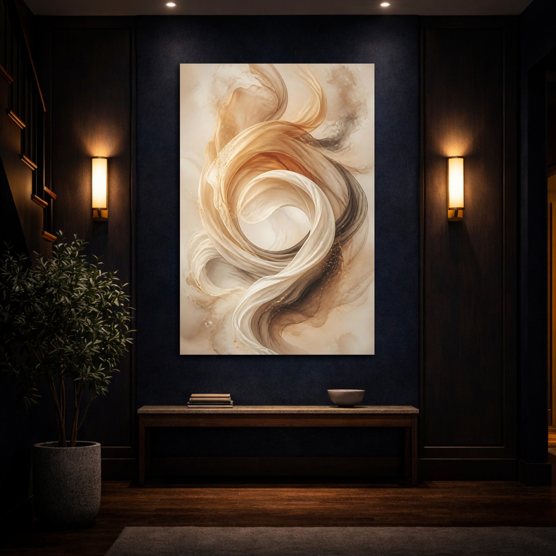 Mockup 4. Abstract Ethereal Fabric Gold And Beige shown as stretched canvas wall art