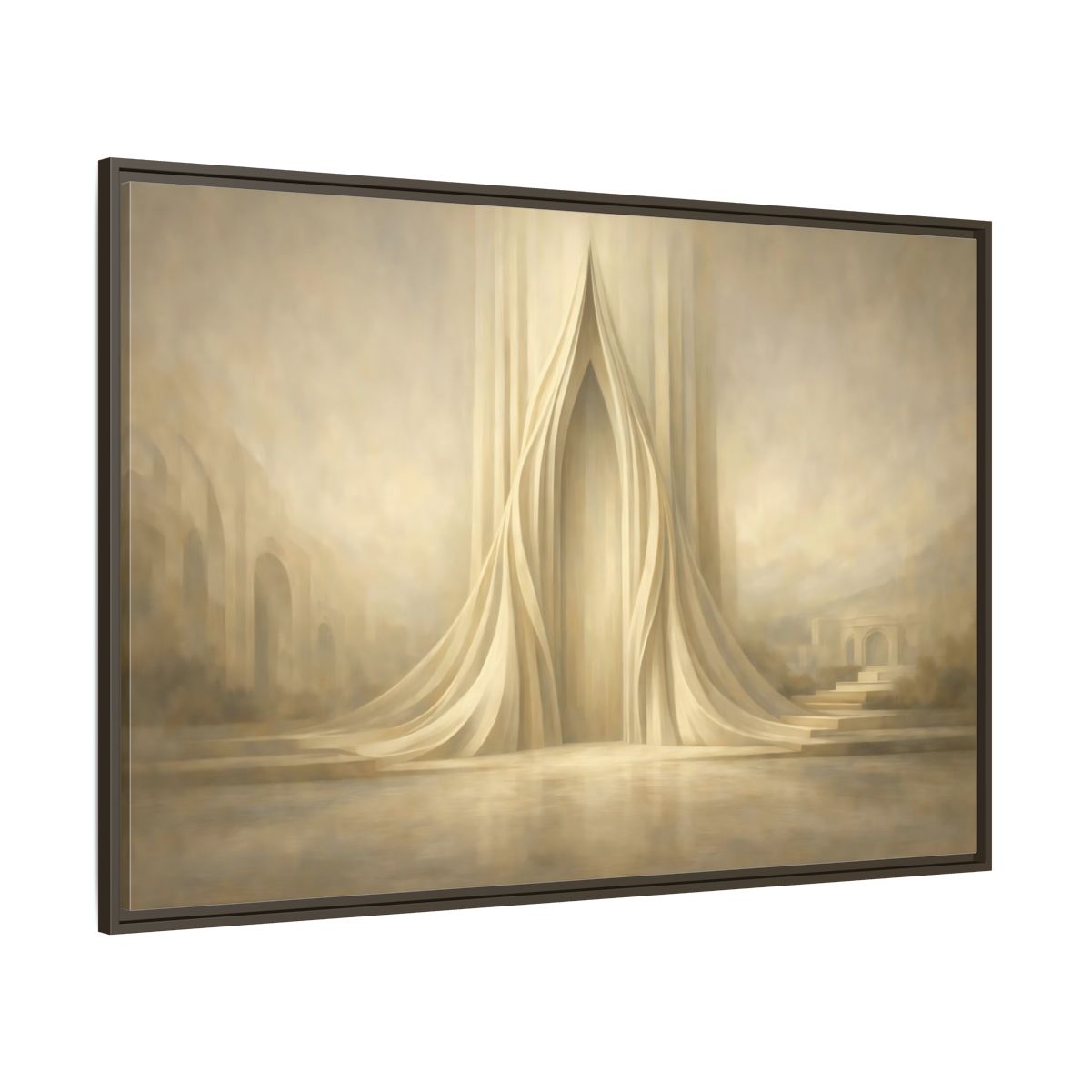 Main Mockup. Abstract Ethereal Gateway Warm Gold Tones shown as stretched canvas wall art