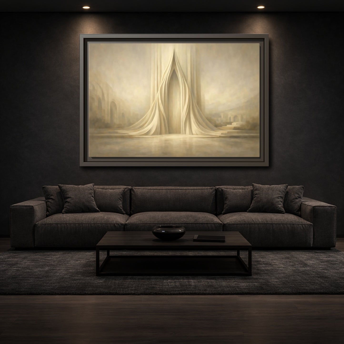 Mockup 2. Abstract Ethereal Gateway Warm Gold Tones shown as stretched canvas wall art