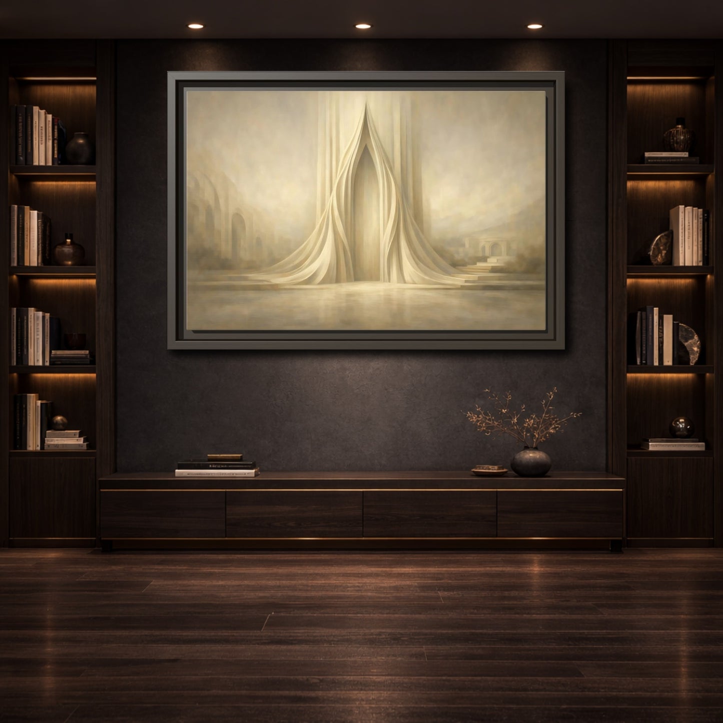 Mockup 3. Abstract Ethereal Gateway Warm Gold Tones shown as stretched canvas wall art
