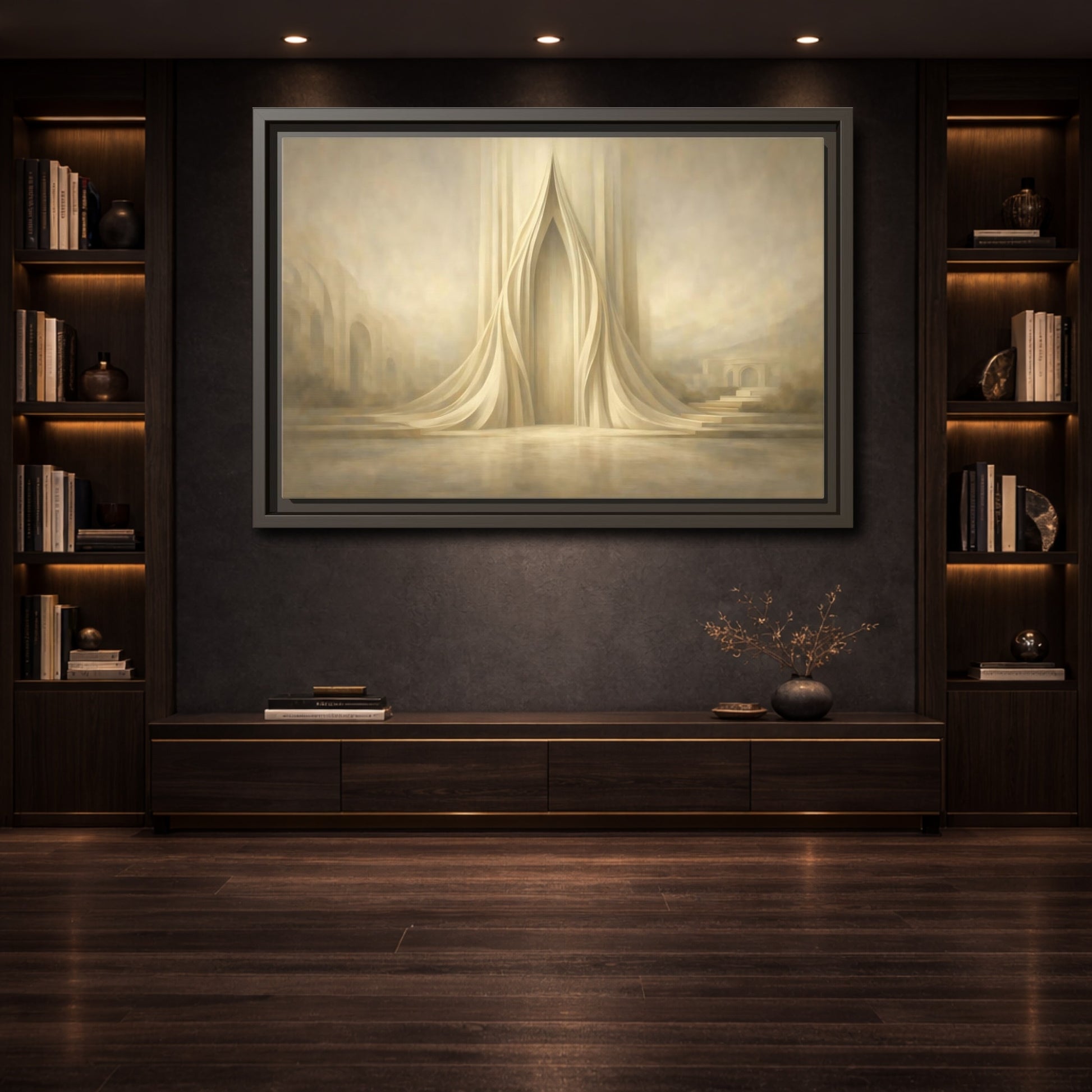 Mockup 3. Abstract Ethereal Gateway Warm Gold Tones shown as stretched canvas wall art
