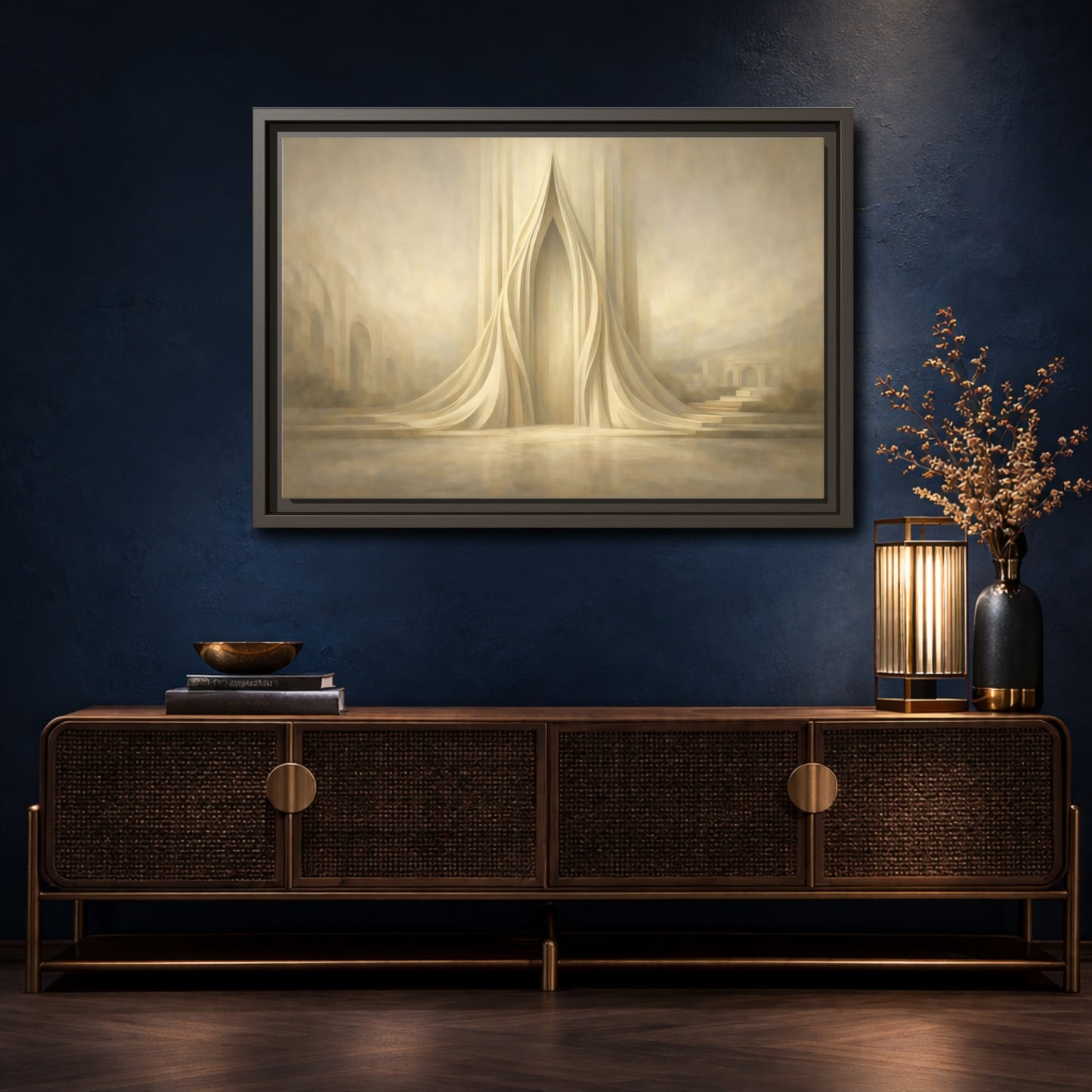 Mockup 4. Abstract Ethereal Gateway Warm Gold Tones shown as stretched canvas wall art