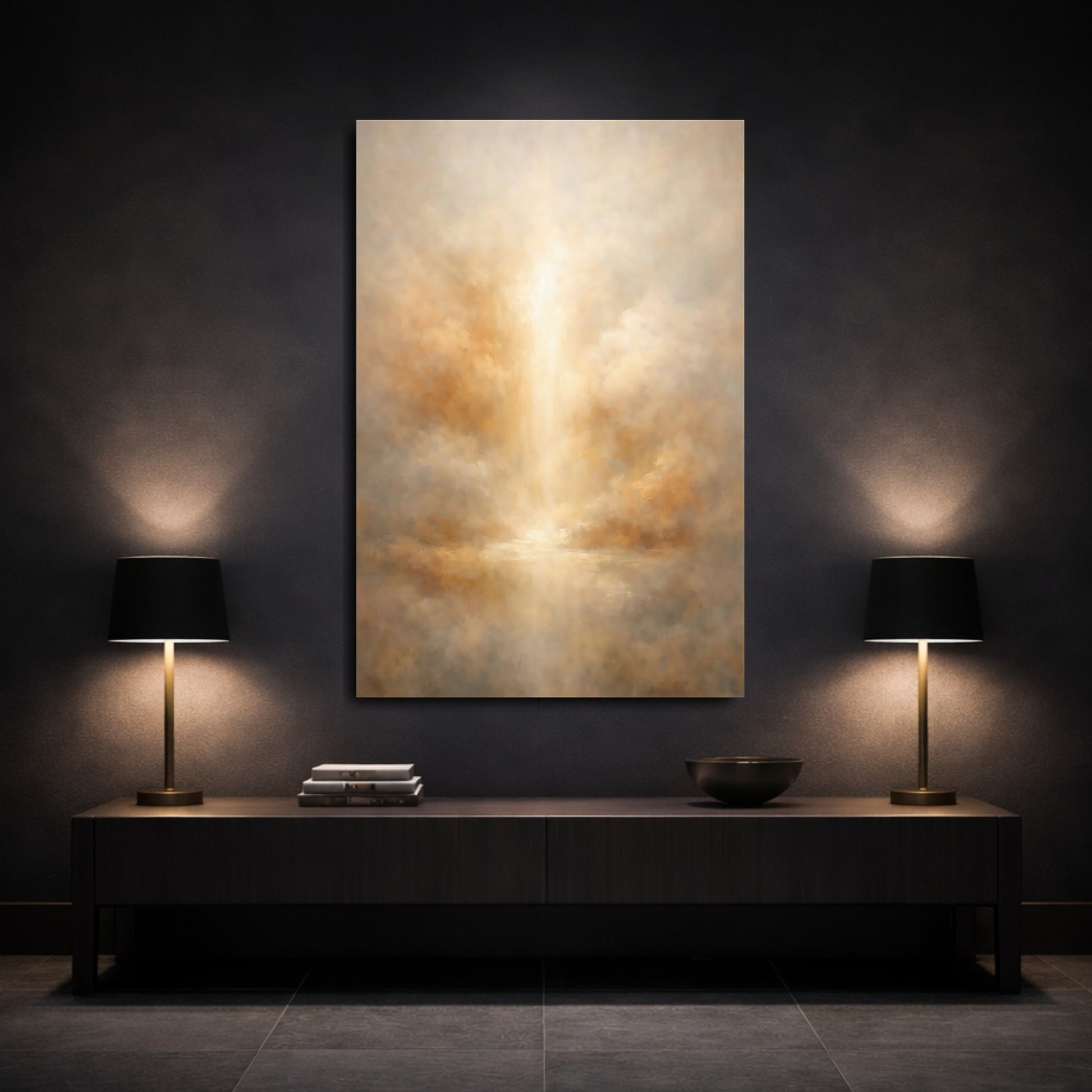 Mockup 2. Abstract Ethereal Light Brown And Gold Abstract shown as stretched canvas wall art