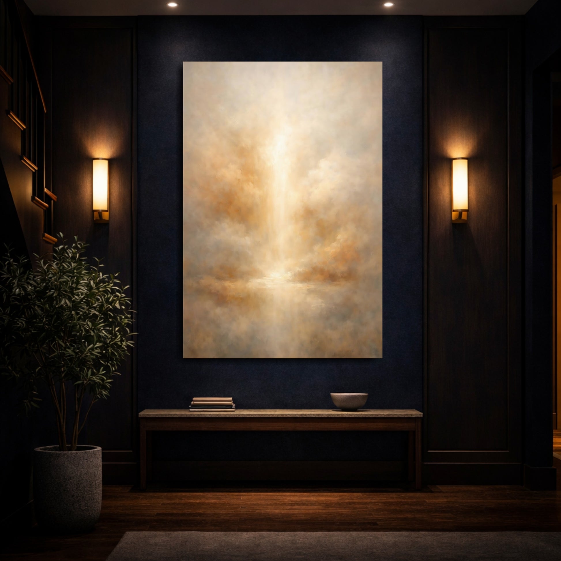 Mockup 3. Abstract Ethereal Light Brown And Gold Abstract shown as stretched canvas wall art