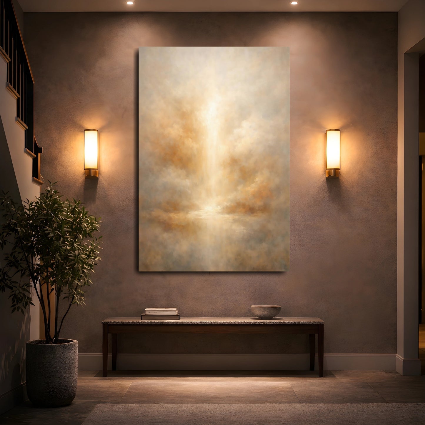 Mockup 4. Abstract Ethereal Light Brown And Gold Abstract shown as stretched canvas wall art