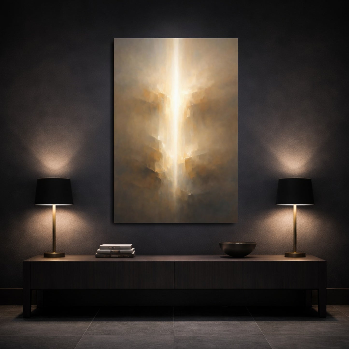 Mockup 2. Abstract Ethereal Light Golden Light Abstract shown as stretched canvas wall art