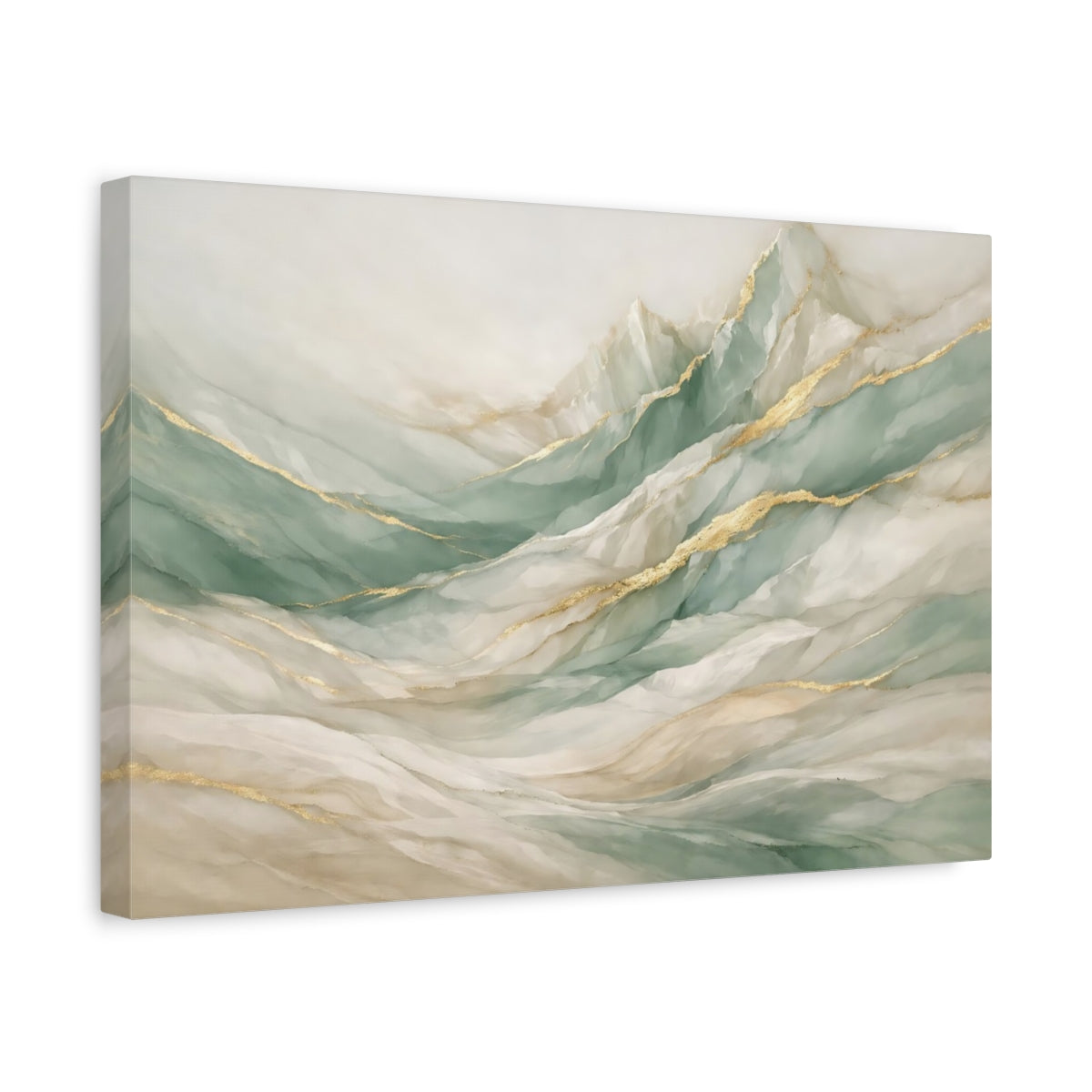 Side Mockup 4. Nature Abstract Mountains Sage Green Gold Mountains shown as stretched canvas wall art