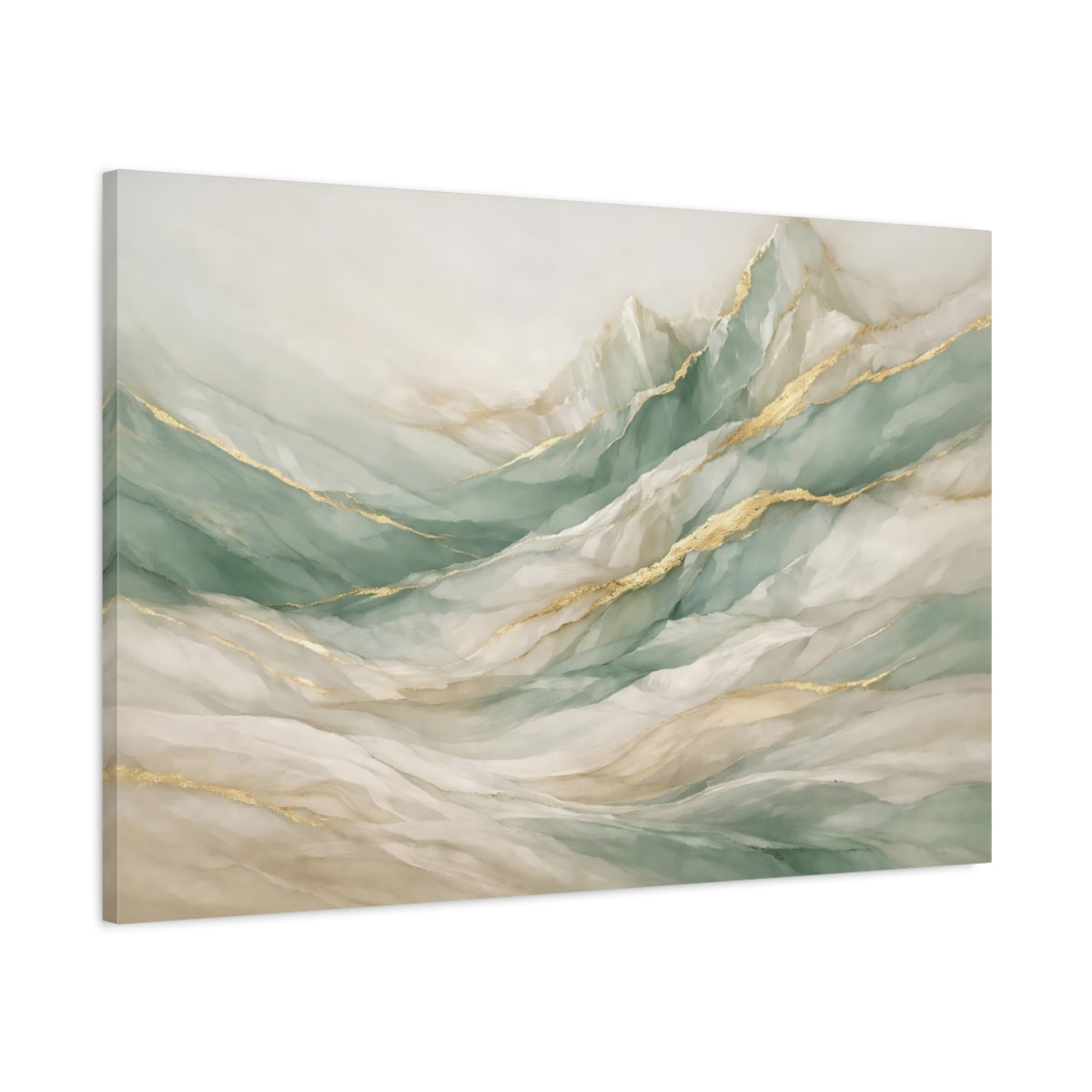 Side Mockup 1. Nature Abstract Mountains Sage Green Gold Mountains shown as stretched canvas wall art