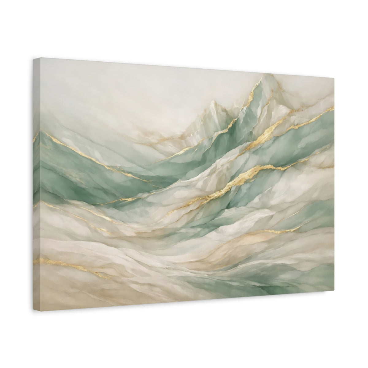 Side Mockup 3. Nature Abstract Mountains Sage Green Gold Mountains shown as stretched canvas wall art