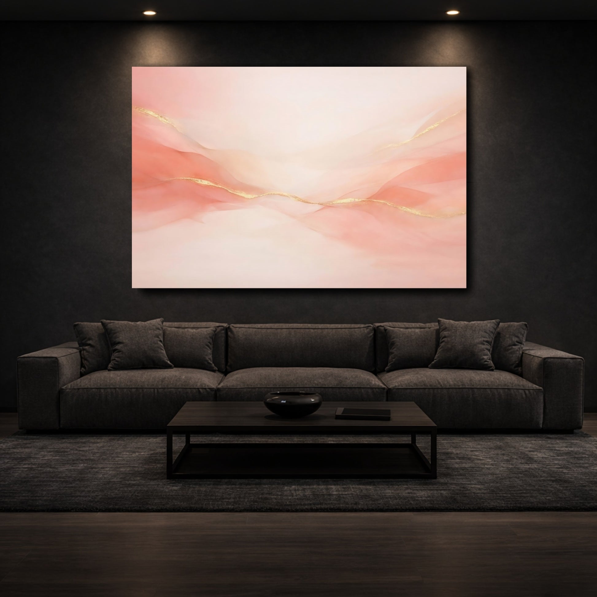 Mockup 2. Abstract Ethereal Waves Pink Gold Abstract shown as stretched canvas wall art