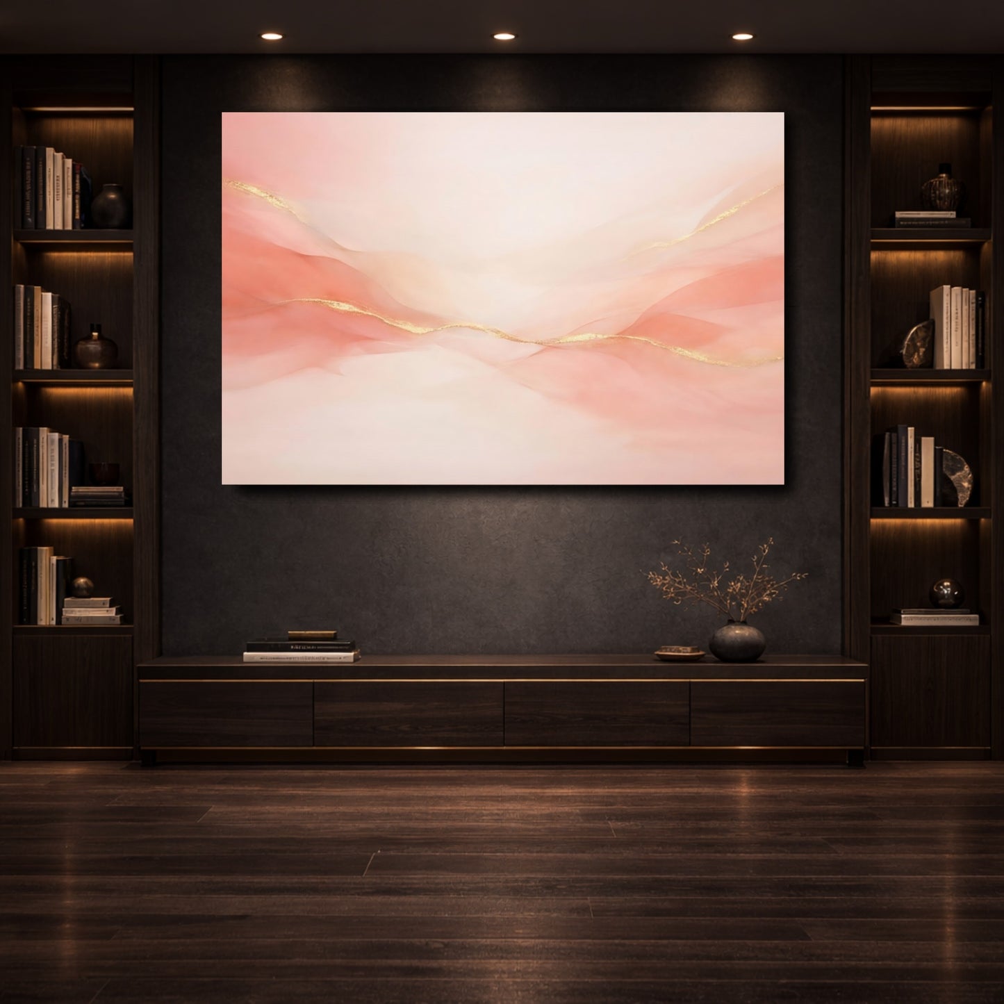 Mockup 3. Abstract Ethereal Waves Pink Gold Abstract shown as stretched canvas wall art