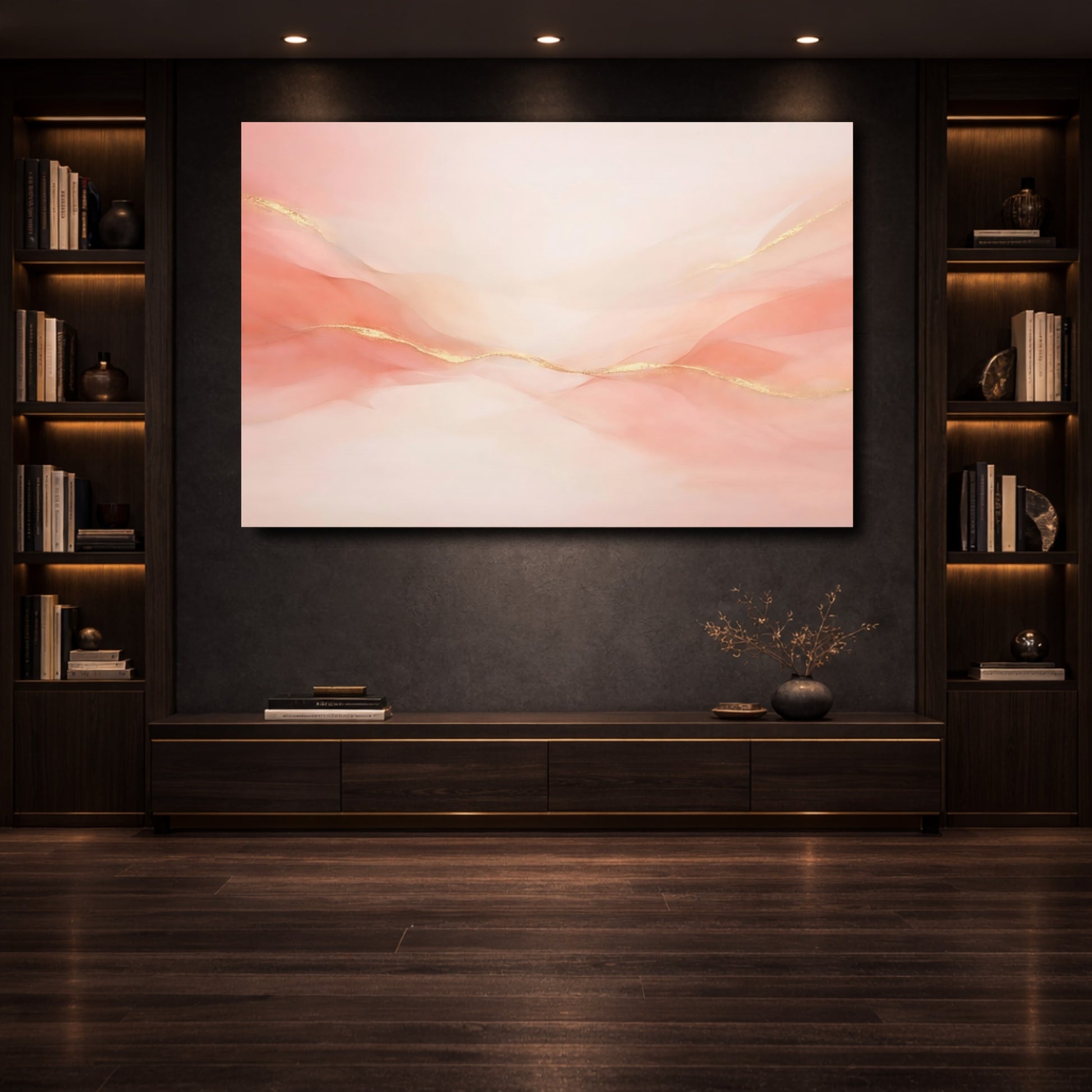 Mockup 3. Abstract Ethereal Waves Pink Gold Abstract shown as stretched canvas wall art