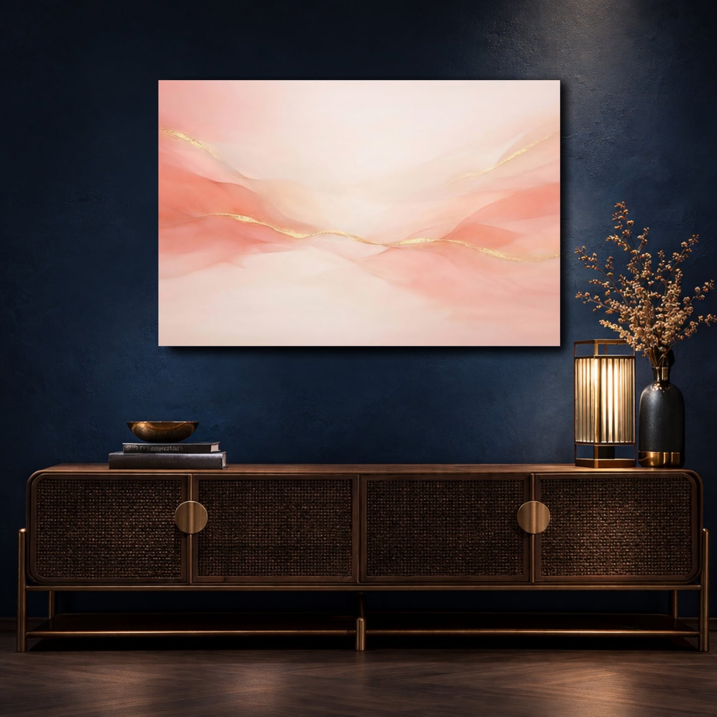 Mockup 4. Abstract Ethereal Waves Pink Gold Abstract shown as stretched canvas wall art