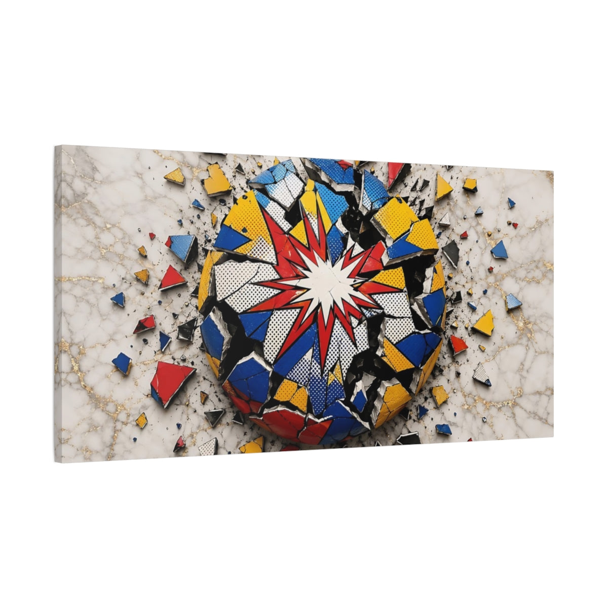 Main Mockup. Abstract Exploding Sphere Vibrant Pop Art shown as stretched canvas wall art