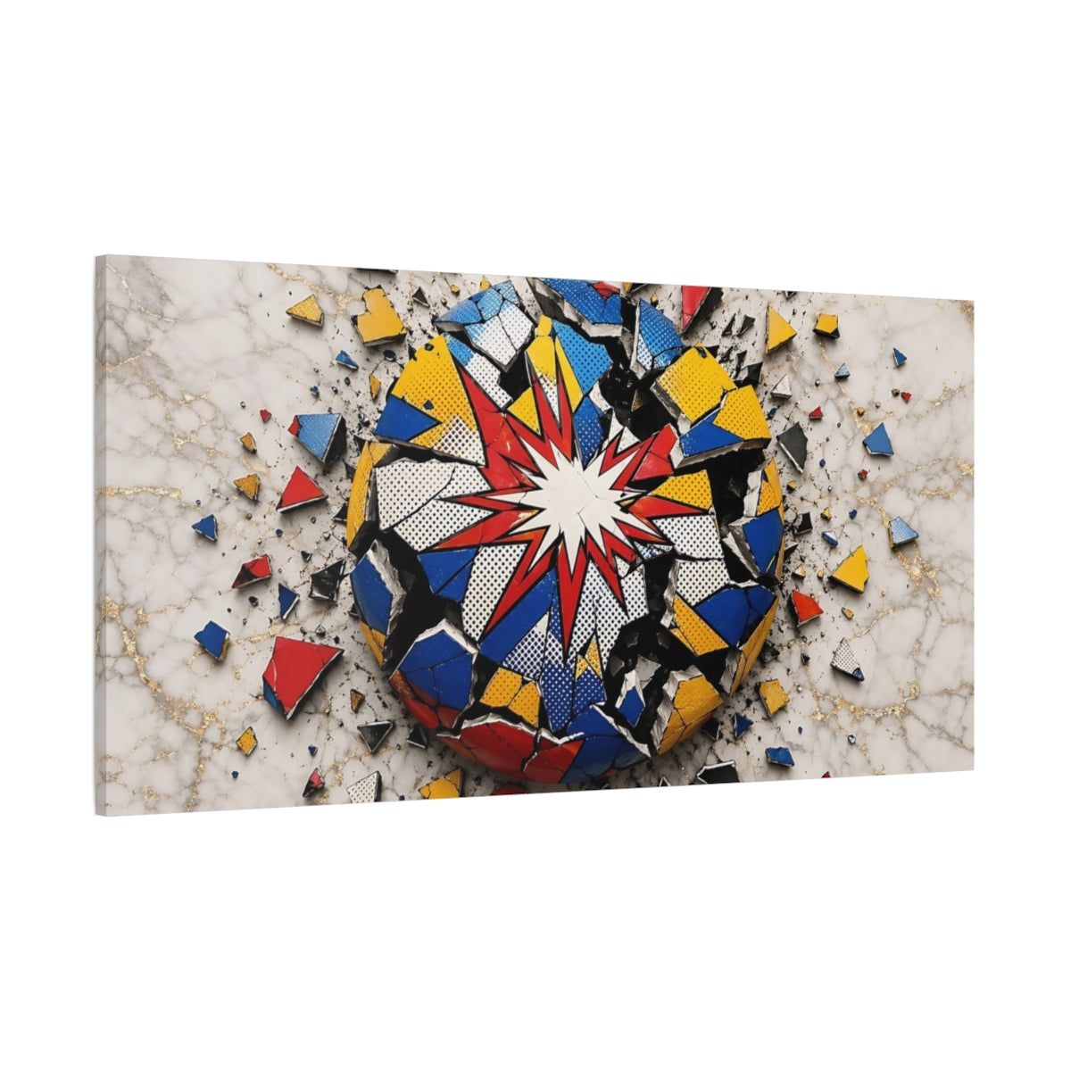 Side Mockup 2. Abstract Exploding Sphere Vibrant Pop Art shown as stretched canvas wall art