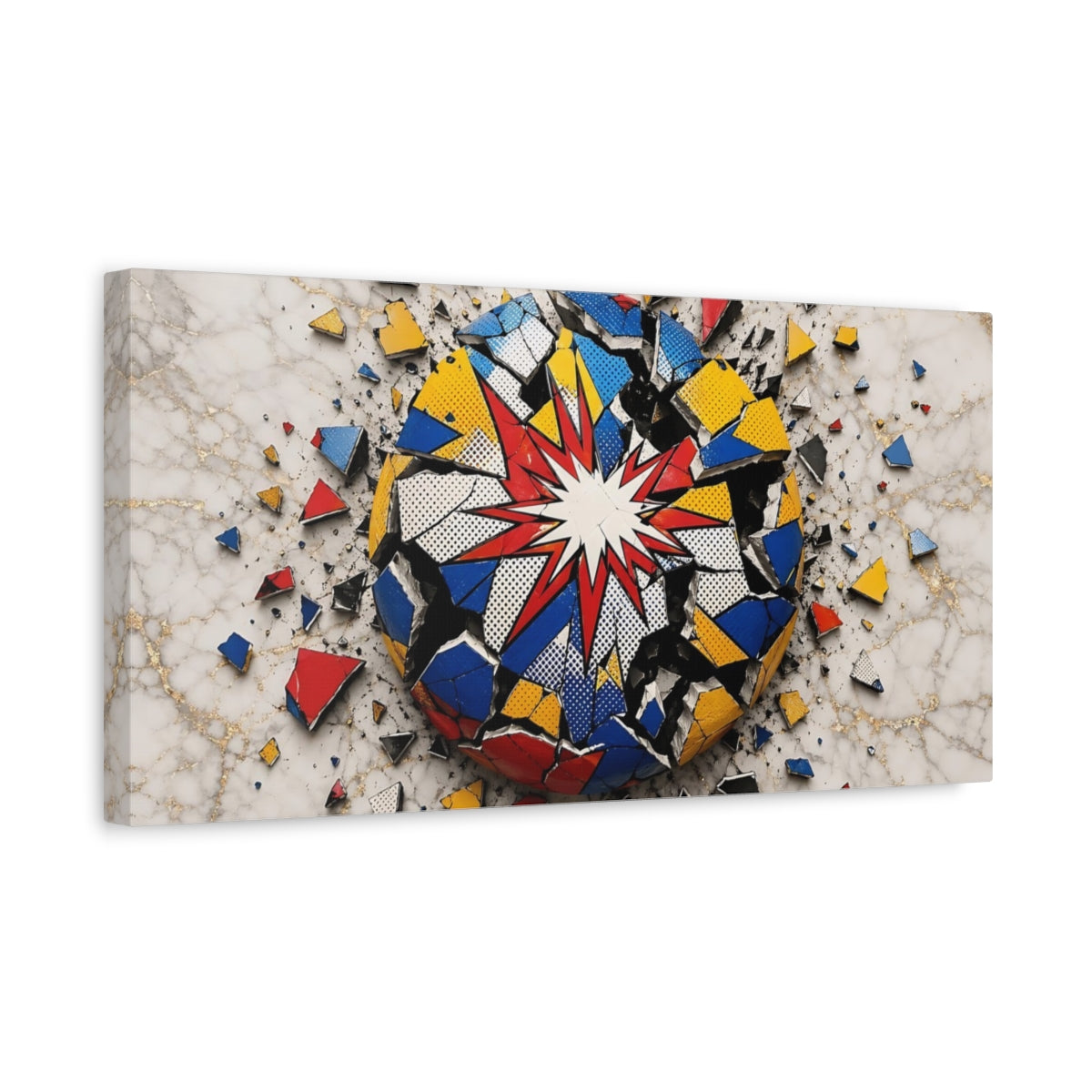 Side Mockup 3. Abstract Exploding Sphere Vibrant Pop Art shown as stretched canvas wall art