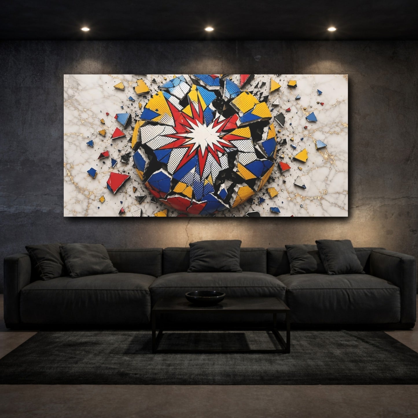 Mockup 2. Abstract Exploding Sphere Vibrant Pop Art shown as stretched canvas wall art