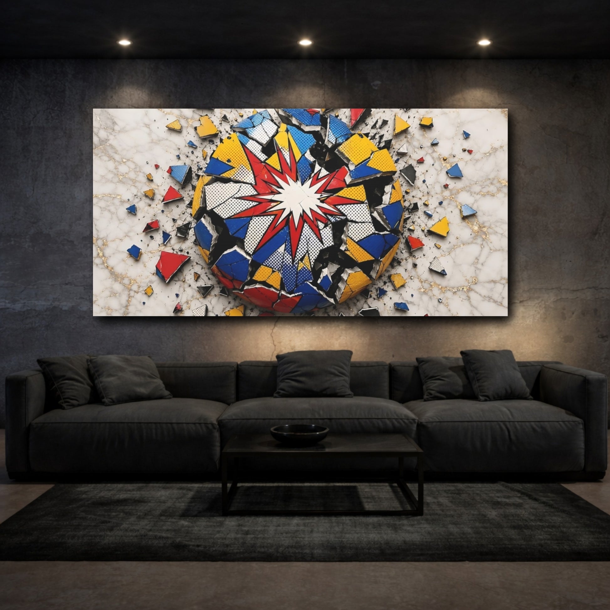 Mockup 2. Abstract Exploding Sphere Vibrant Pop Art shown as stretched canvas wall art