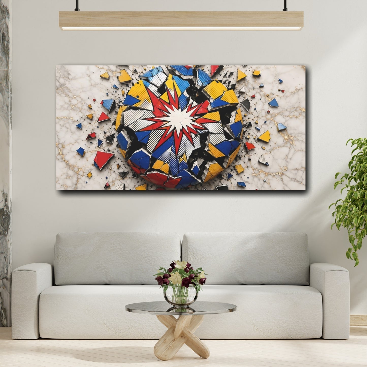 Mockup 3. Abstract Exploding Sphere Vibrant Pop Art shown as stretched canvas wall art