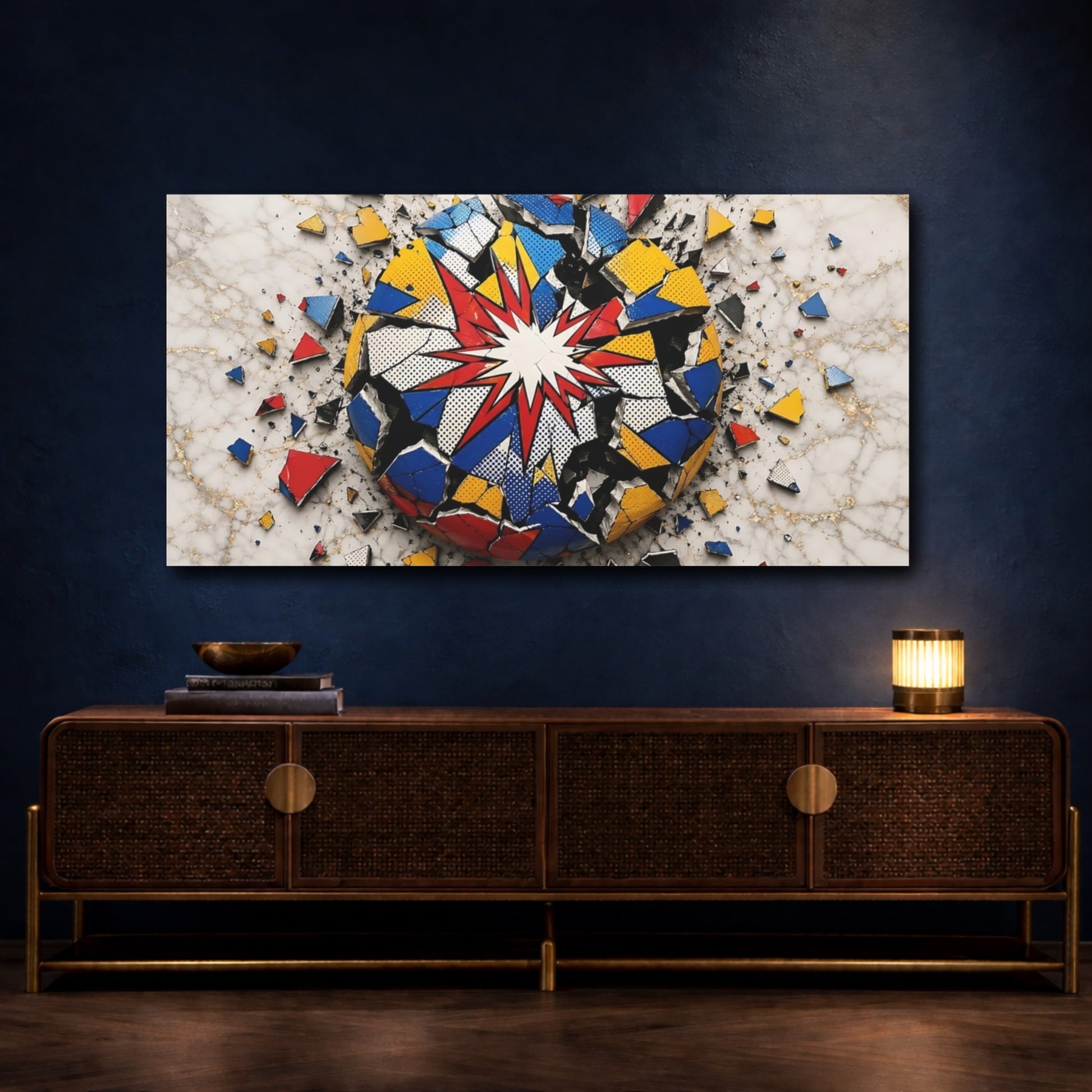 Mockup 4. Abstract Exploding Sphere Vibrant Pop Art shown as stretched canvas wall art