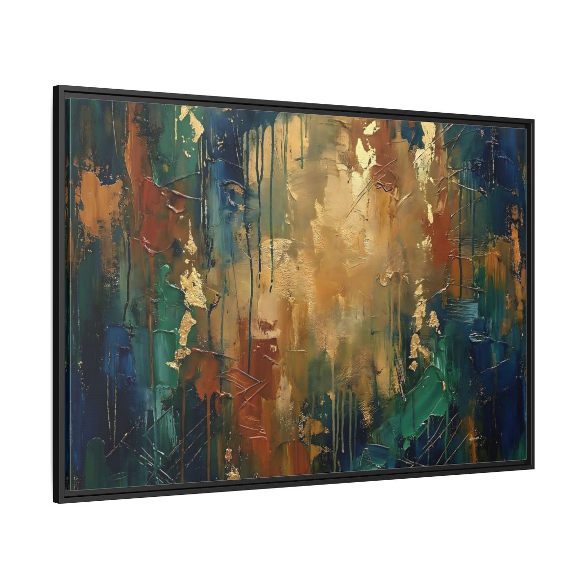 Side Mockup 12. Abstract Abstract Painting Blue Green Gold Abstract shown as stretched canvas wall art