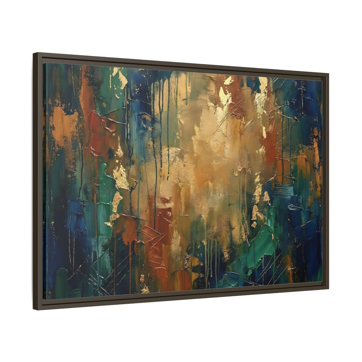 Side Mockup 9. Abstract Abstract Painting Blue Green Gold Abstract shown as stretched canvas wall art