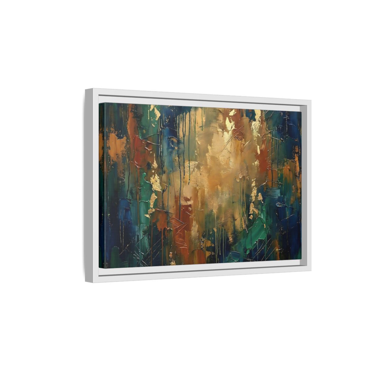Side Mockup 4. Abstract Abstract Painting Blue Green Gold Abstract shown as stretched canvas wall art