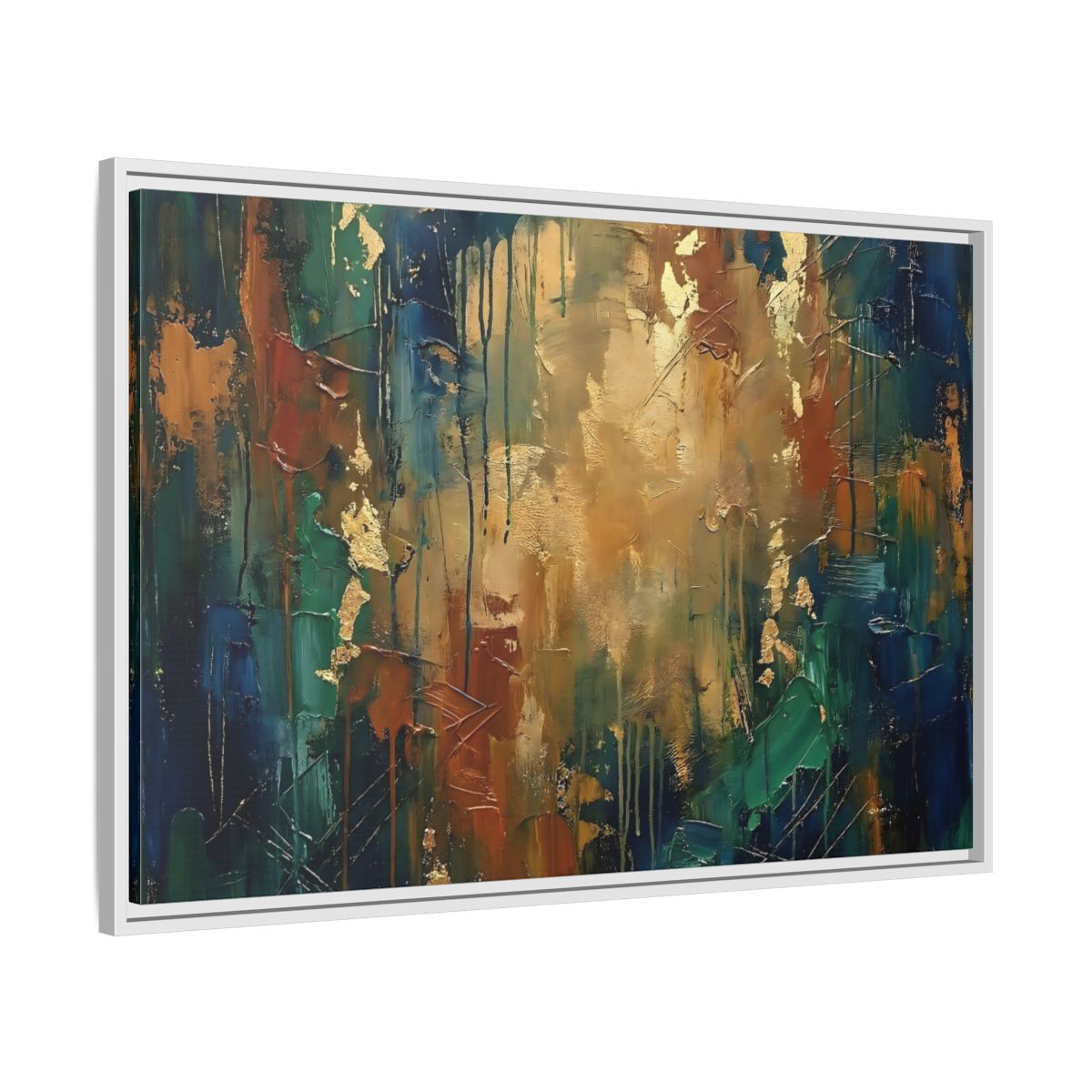 Side Mockup 8. Abstract Abstract Painting Blue Green Gold Abstract shown as stretched canvas wall art