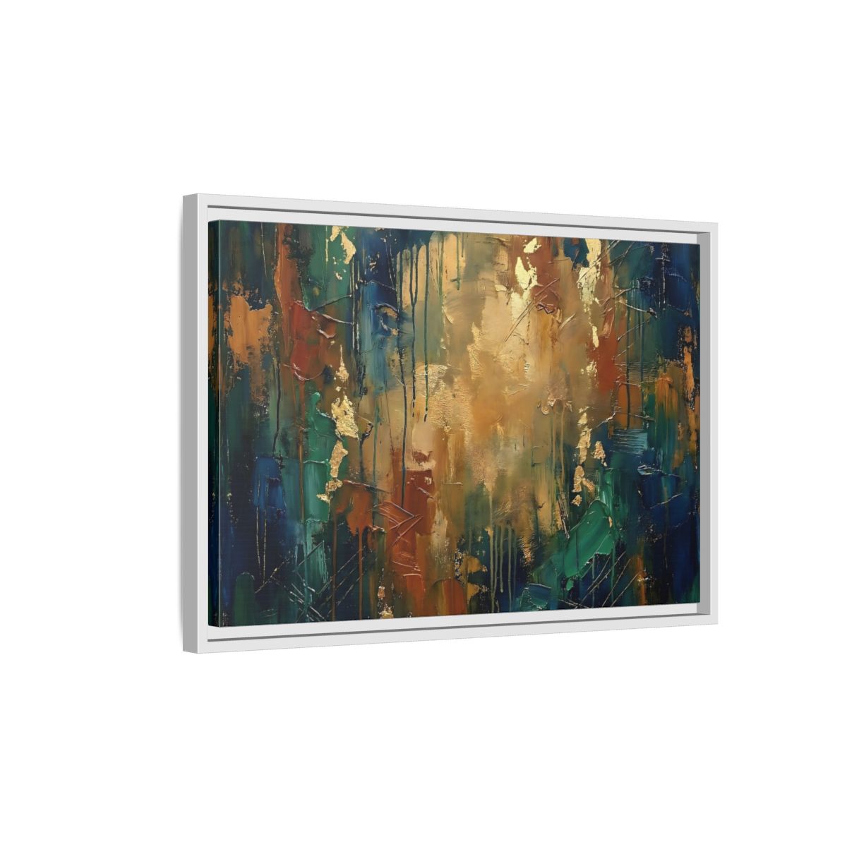 Side Mockup 1. Abstract Abstract Painting Blue Green Gold Abstract shown as stretched canvas wall art