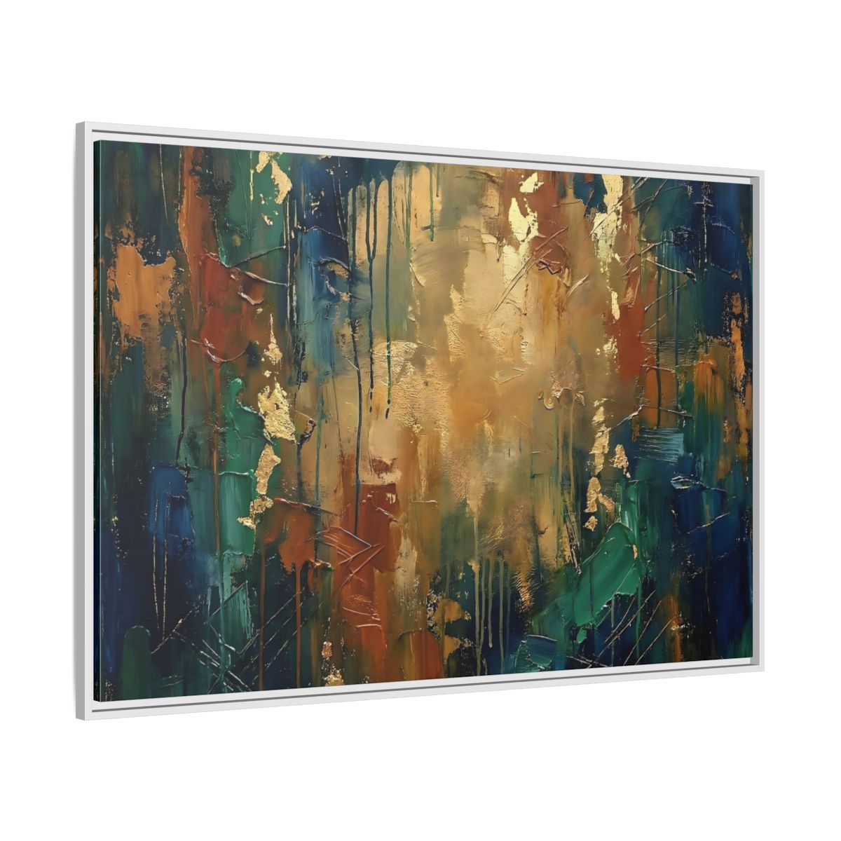 Side Mockup 7. Abstract Abstract Painting Blue Green Gold Abstract shown as stretched canvas wall art