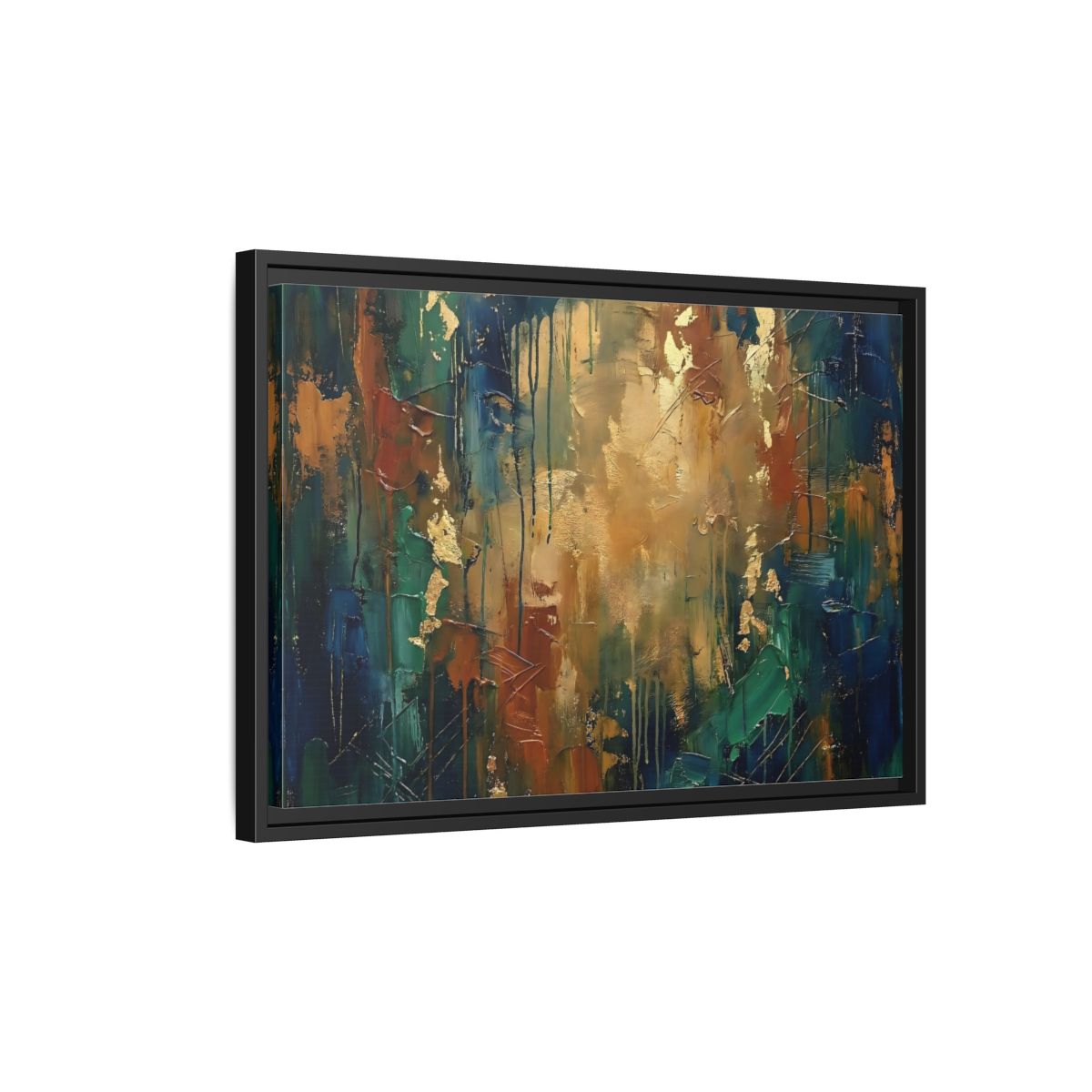 Side Mockup 3. Abstract Abstract Painting Blue Green Gold Abstract shown as stretched canvas wall art