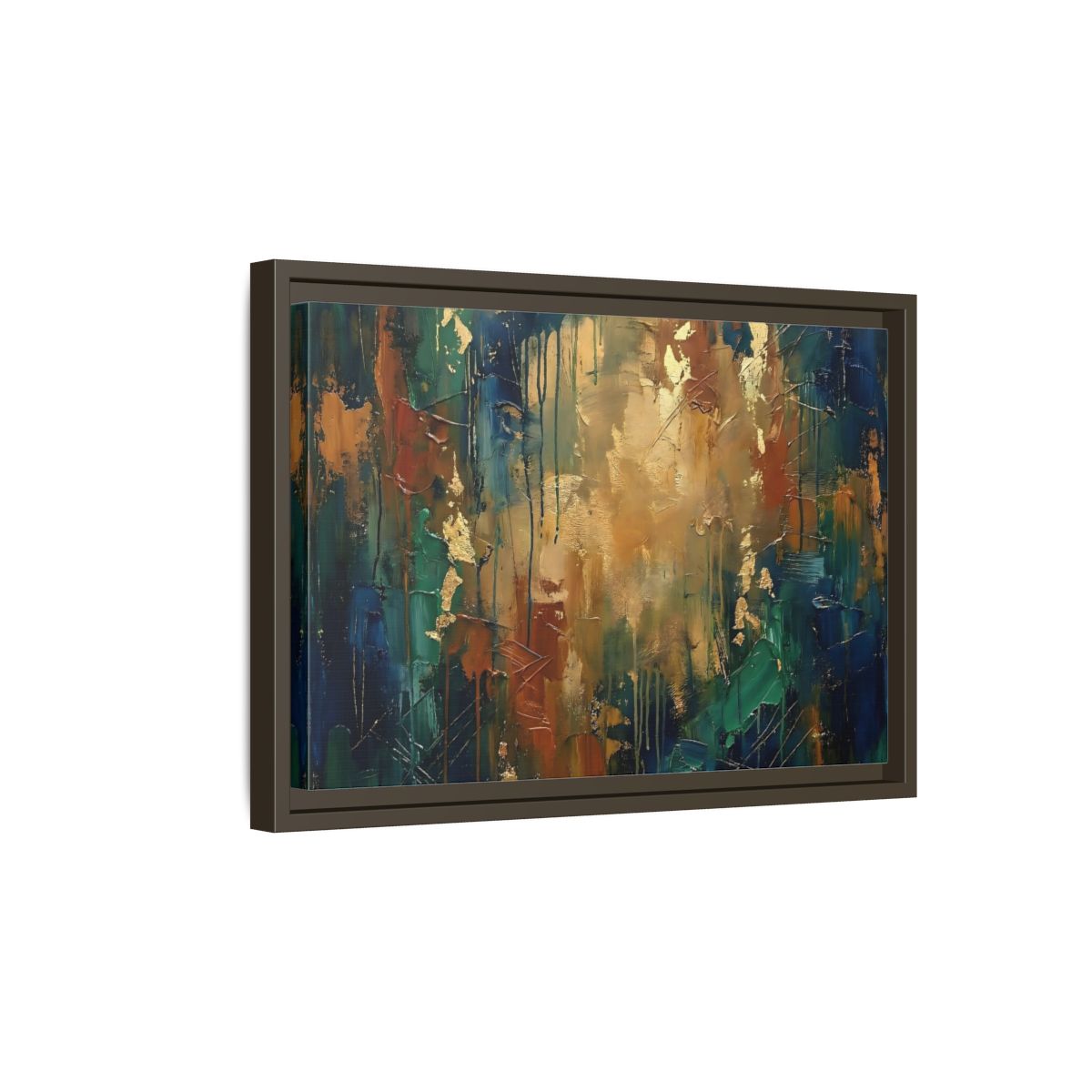Side Mockup 5. Abstract Abstract Painting Blue Green Gold Abstract shown as stretched canvas wall art