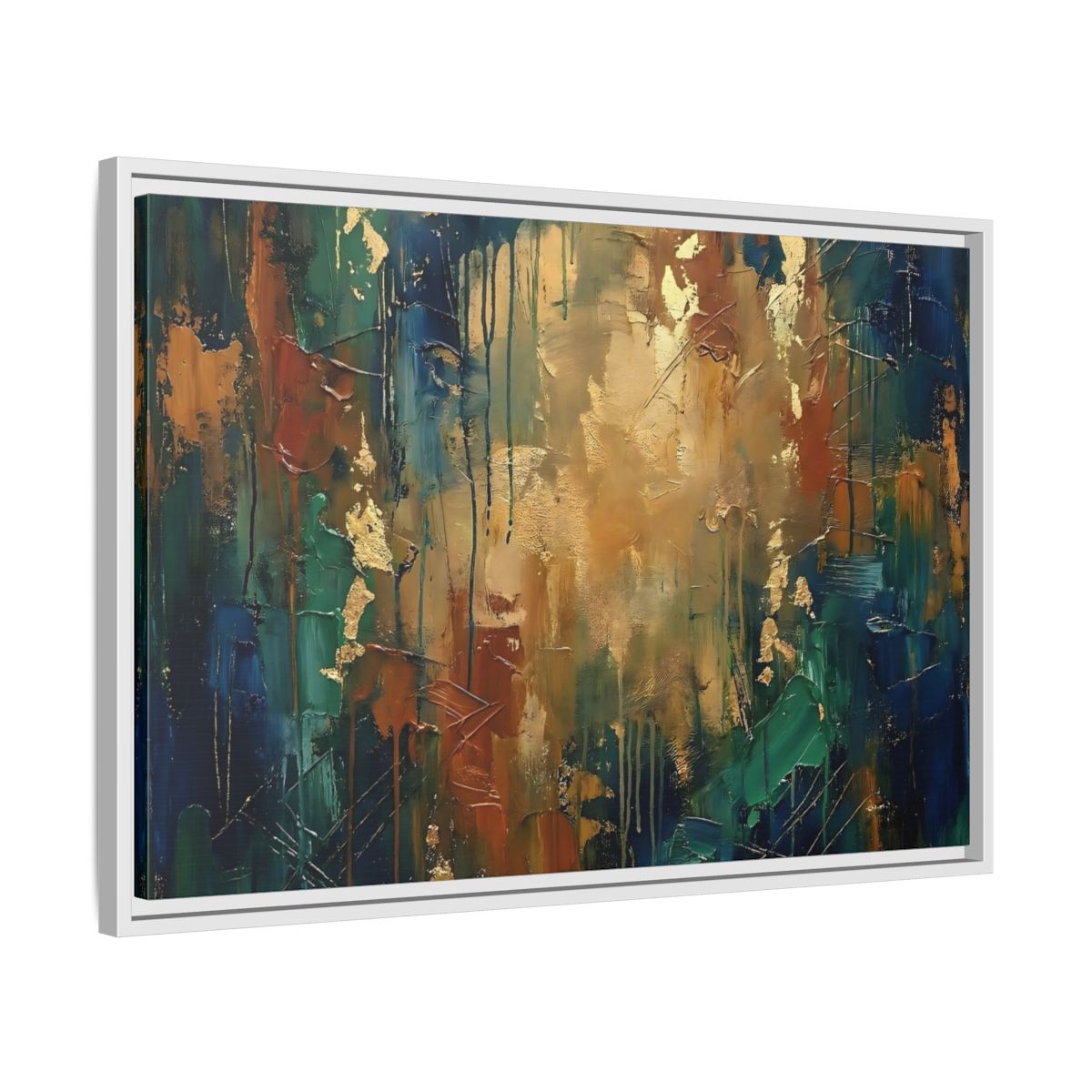 Side Mockup 10. Abstract Abstract Painting Blue Green Gold Abstract shown as stretched canvas wall art