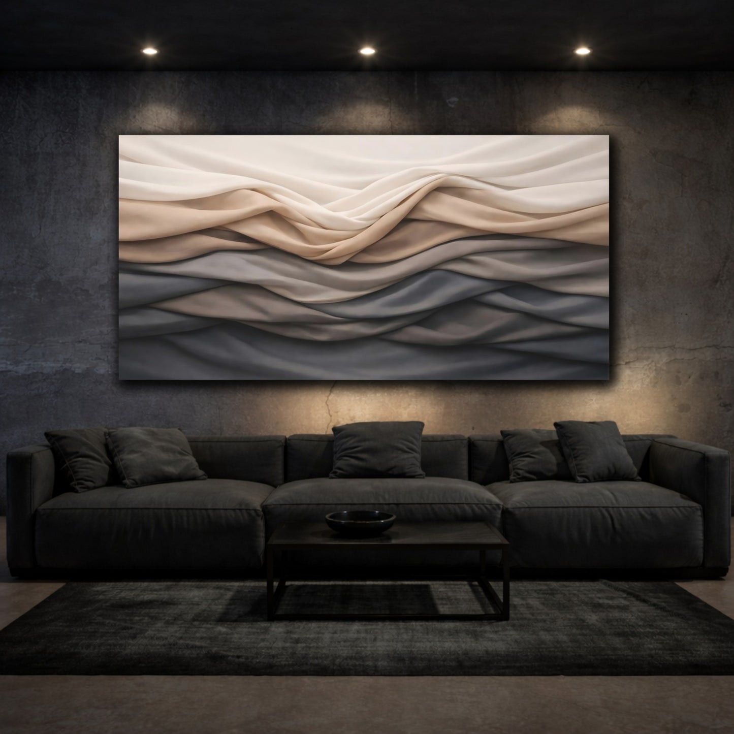 Mockup 2. Abstract Fabric Folds Beige Grey Gradient shown as stretched canvas wall art