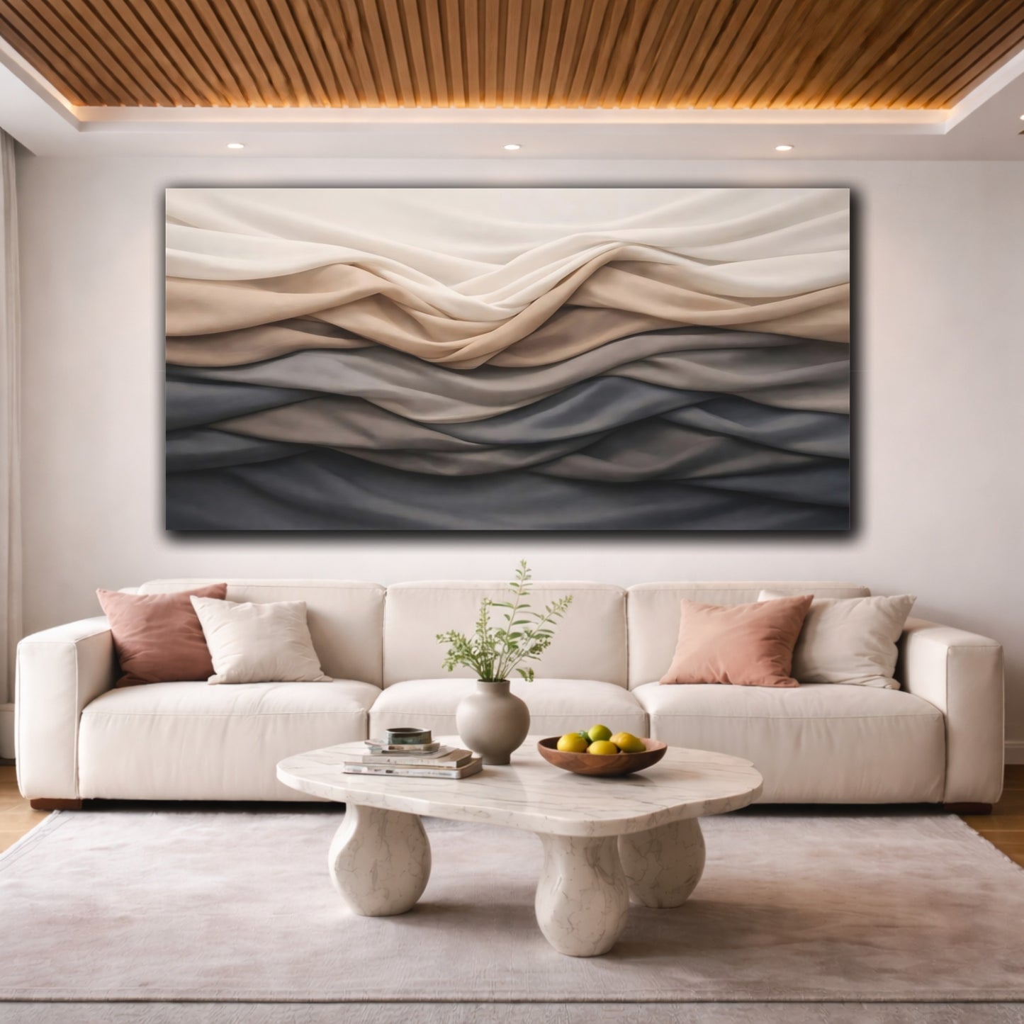 Mockup 3. Abstract Fabric Folds Beige Grey Gradient shown as stretched canvas wall art
